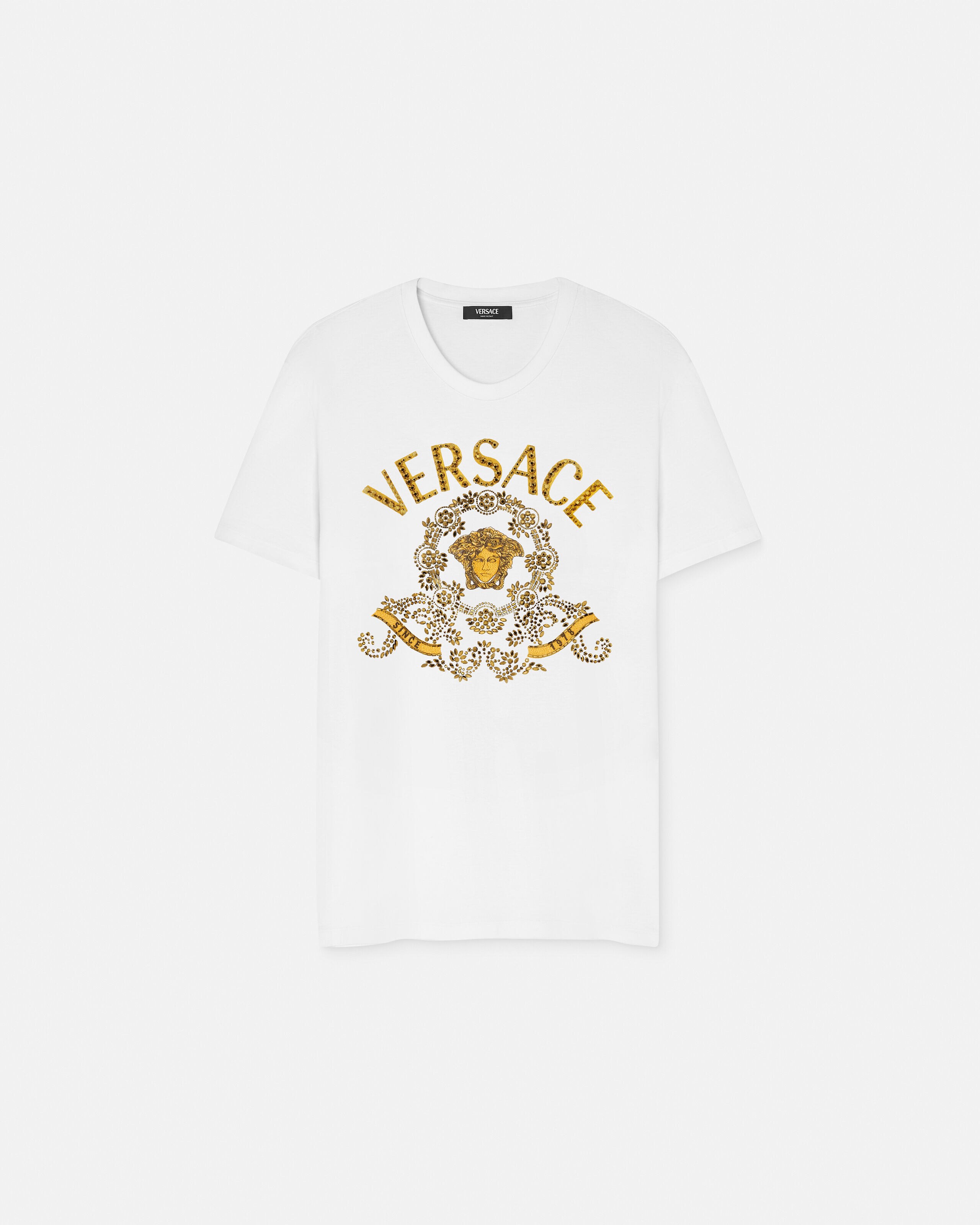 sara【VERSACE】Tシャツとバック Embroidered Cotton-Jersey Slim T-Shirt White | VERSACE
