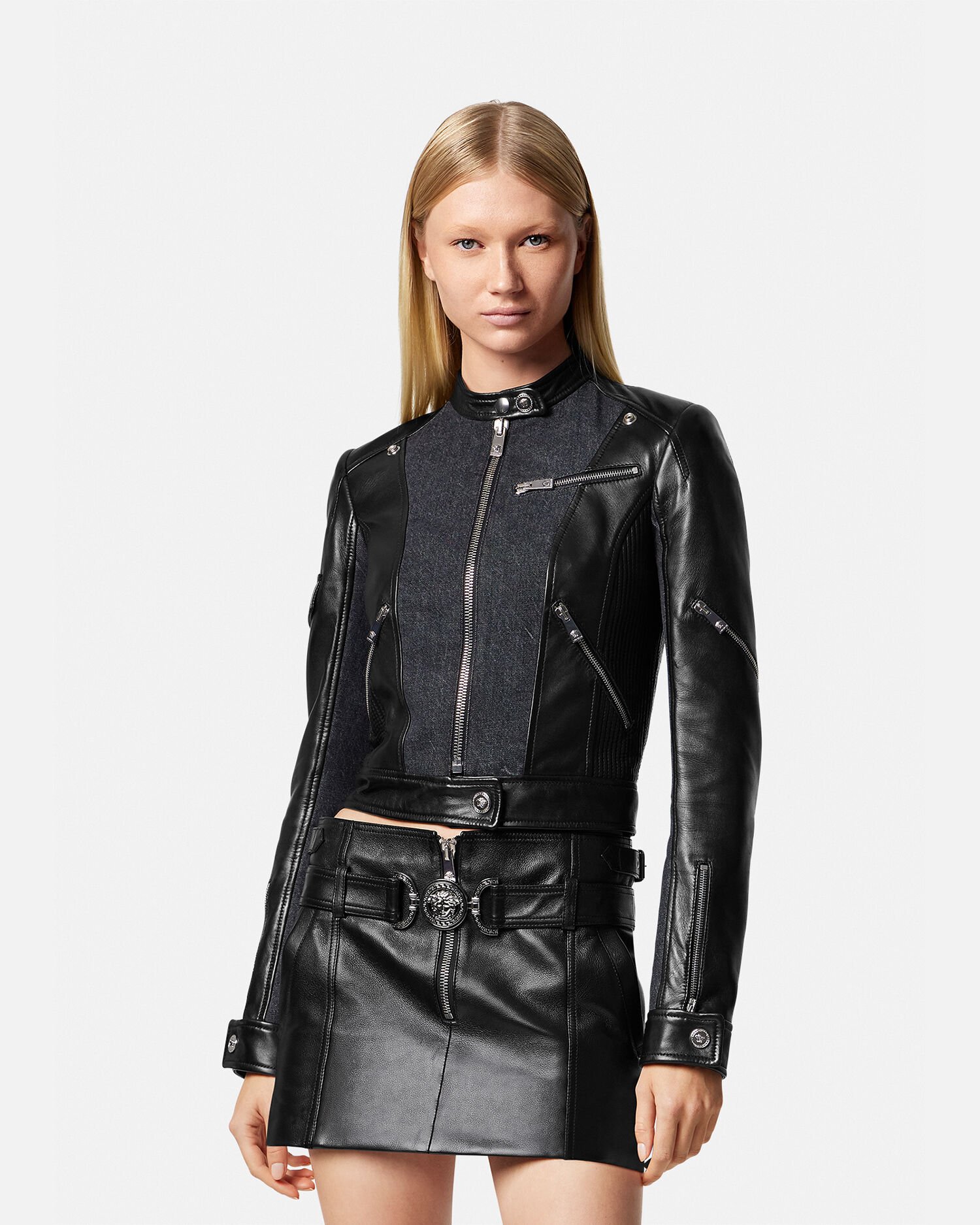 Denim Leather Biker Jacket Black VERSACE CA