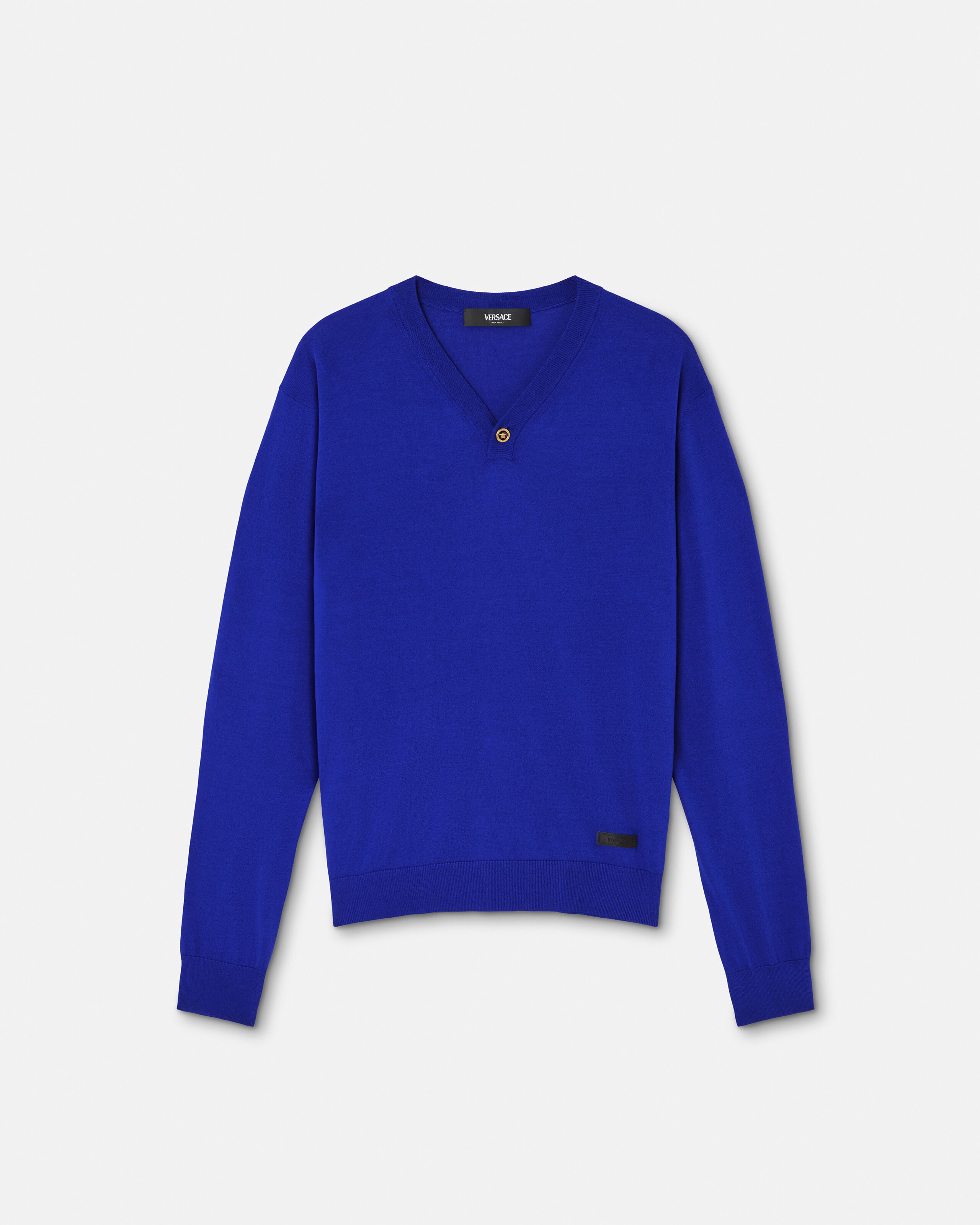 Silk-Cotton Knit V-Neck Sweater Blue | VERSACE US