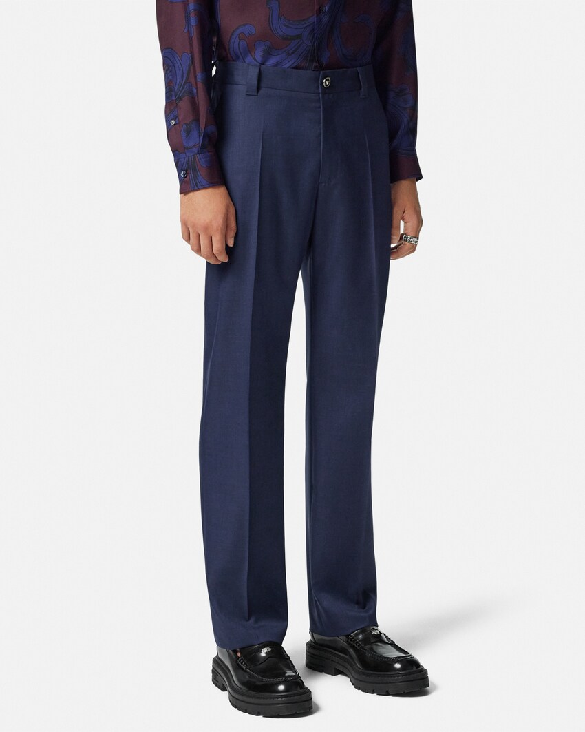 Pantalones rectos de lana Az&uacute;l 4