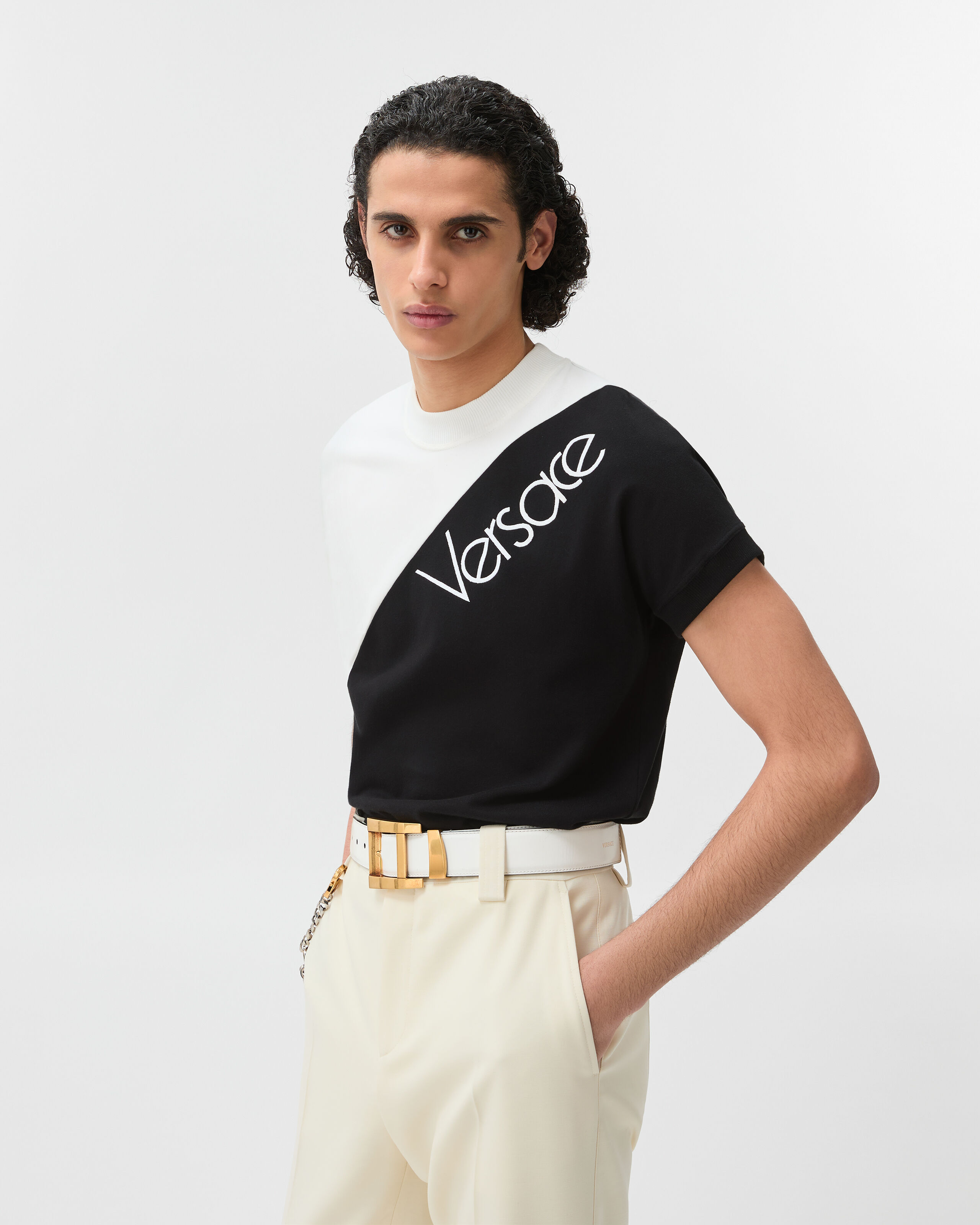 Embroidered-Logo Stretch Cotton-Jersey Slim T-Shirt White | VERSACE US