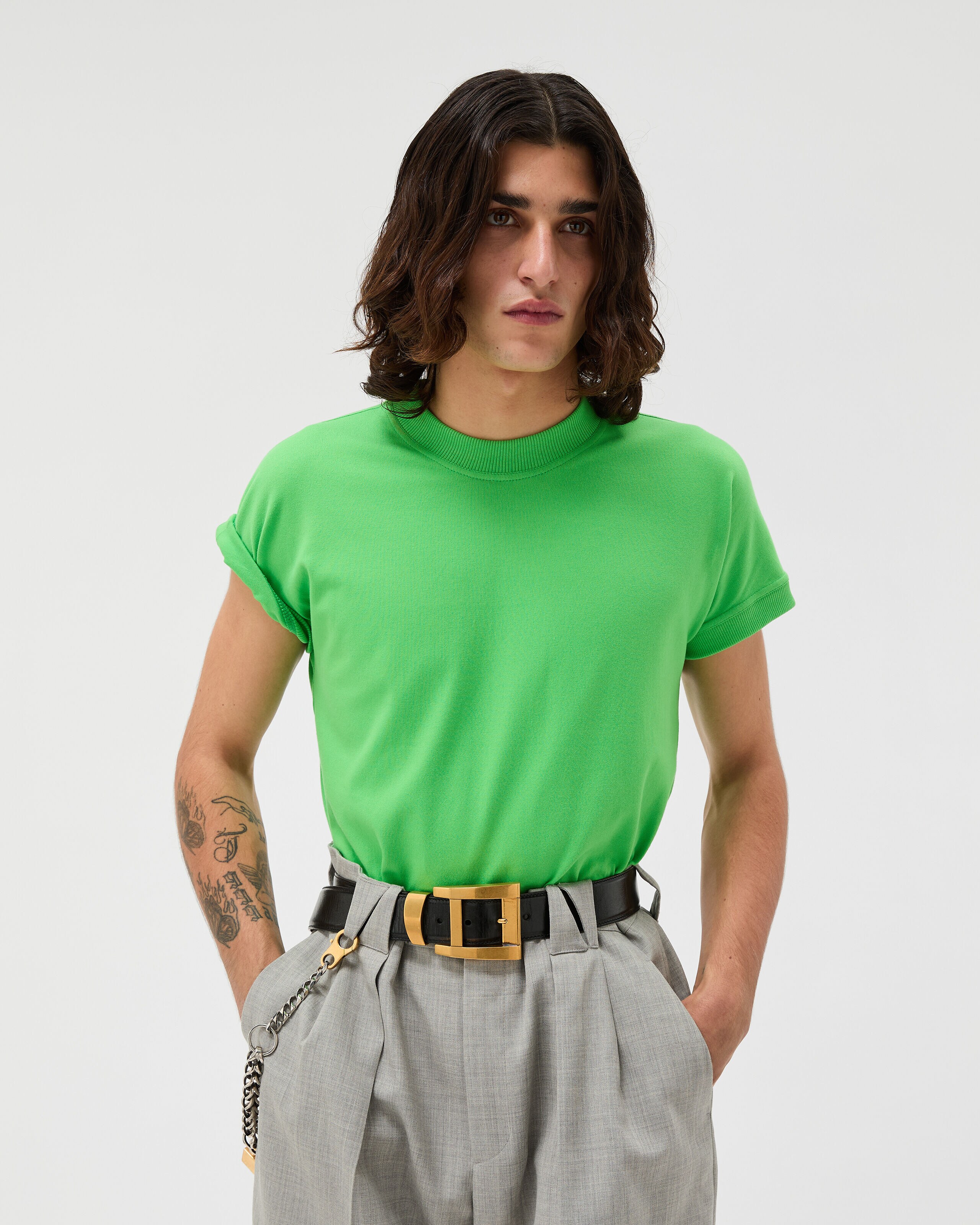 Embroidered Stretch Cotton-Jersey T-Shirt Green | VERSACE