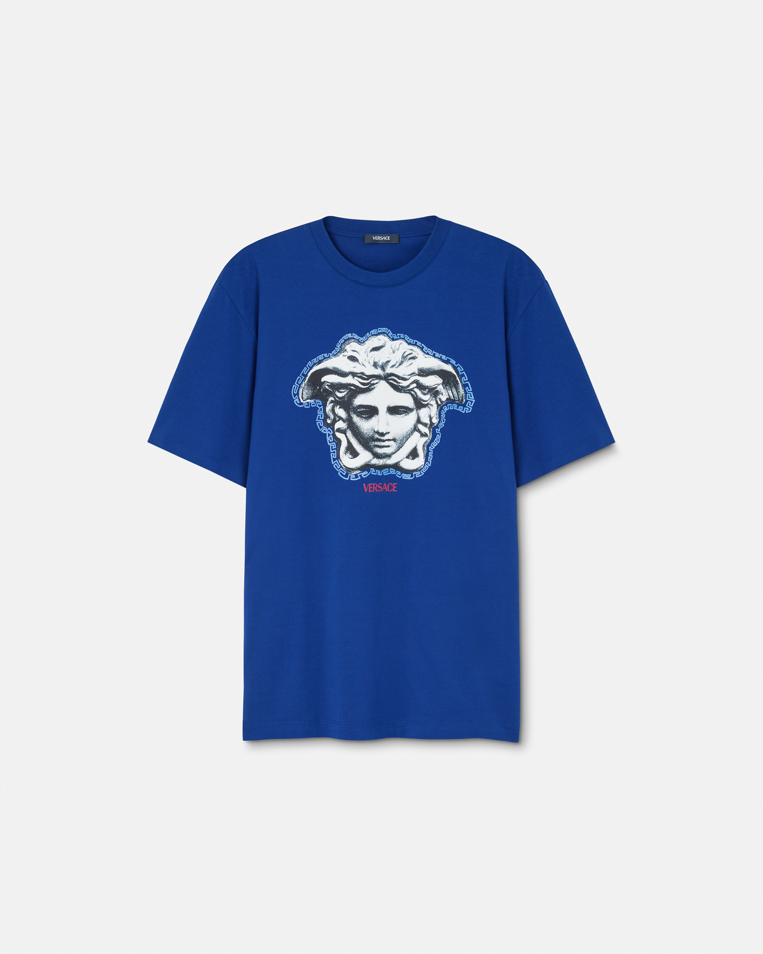 Printed Cotton-Jersey Regular T-Shirt Blue | VERSACE US