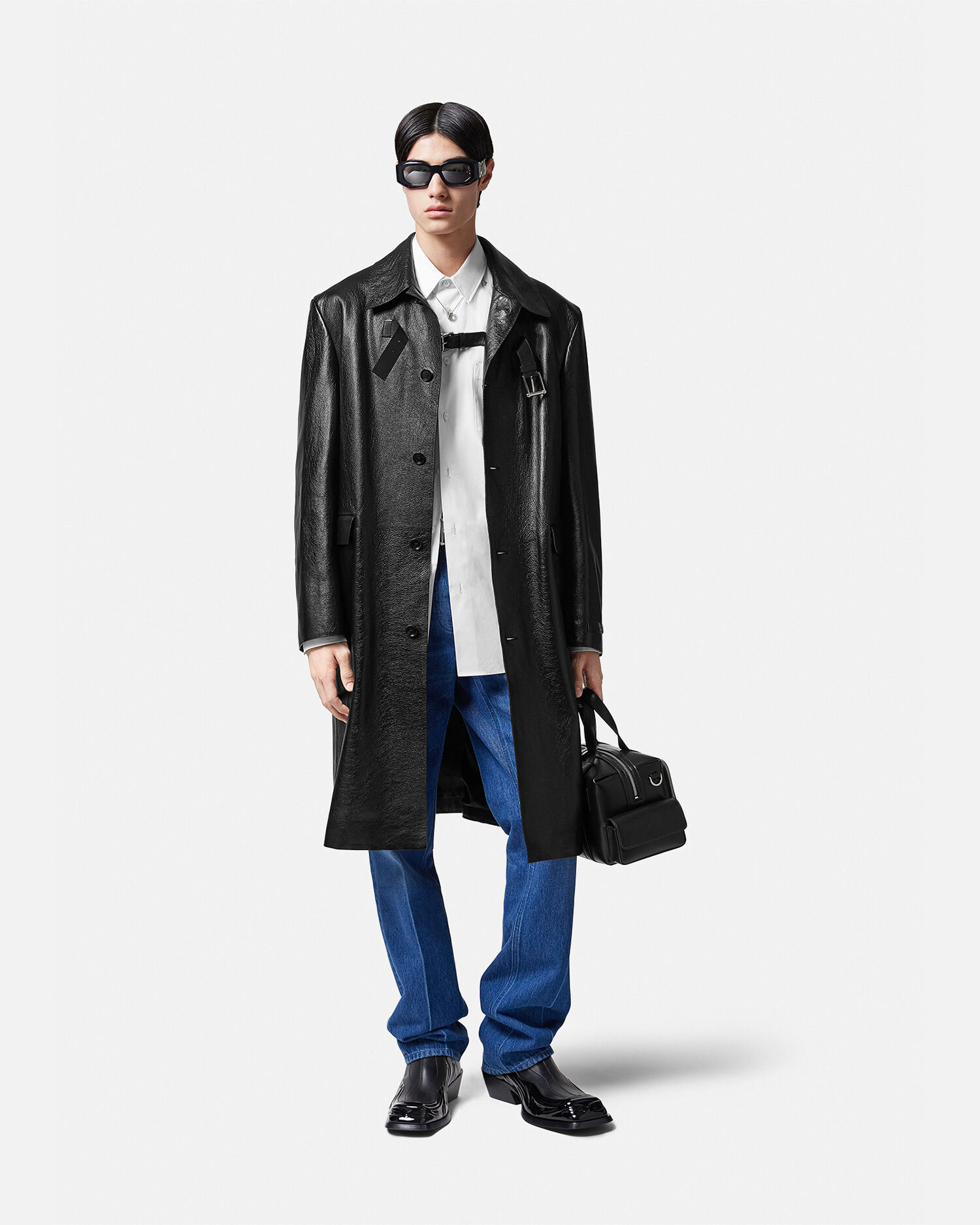 Long Leather Coat Black Versace US