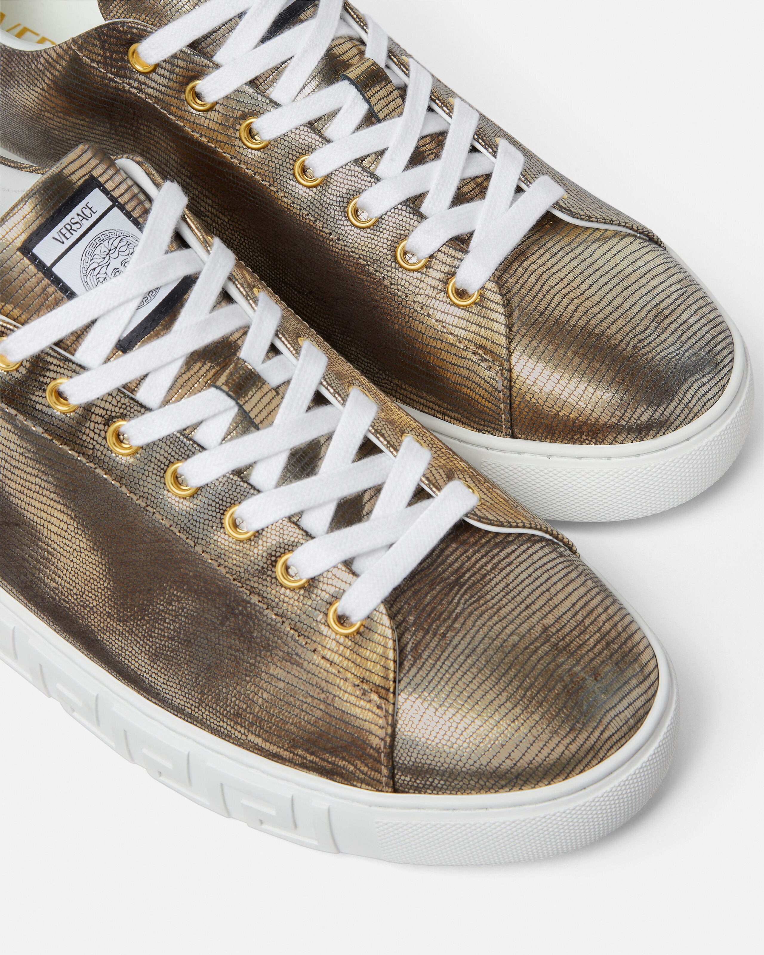 Greca Lizard-Effect Sneakers Gold | VERSACE US