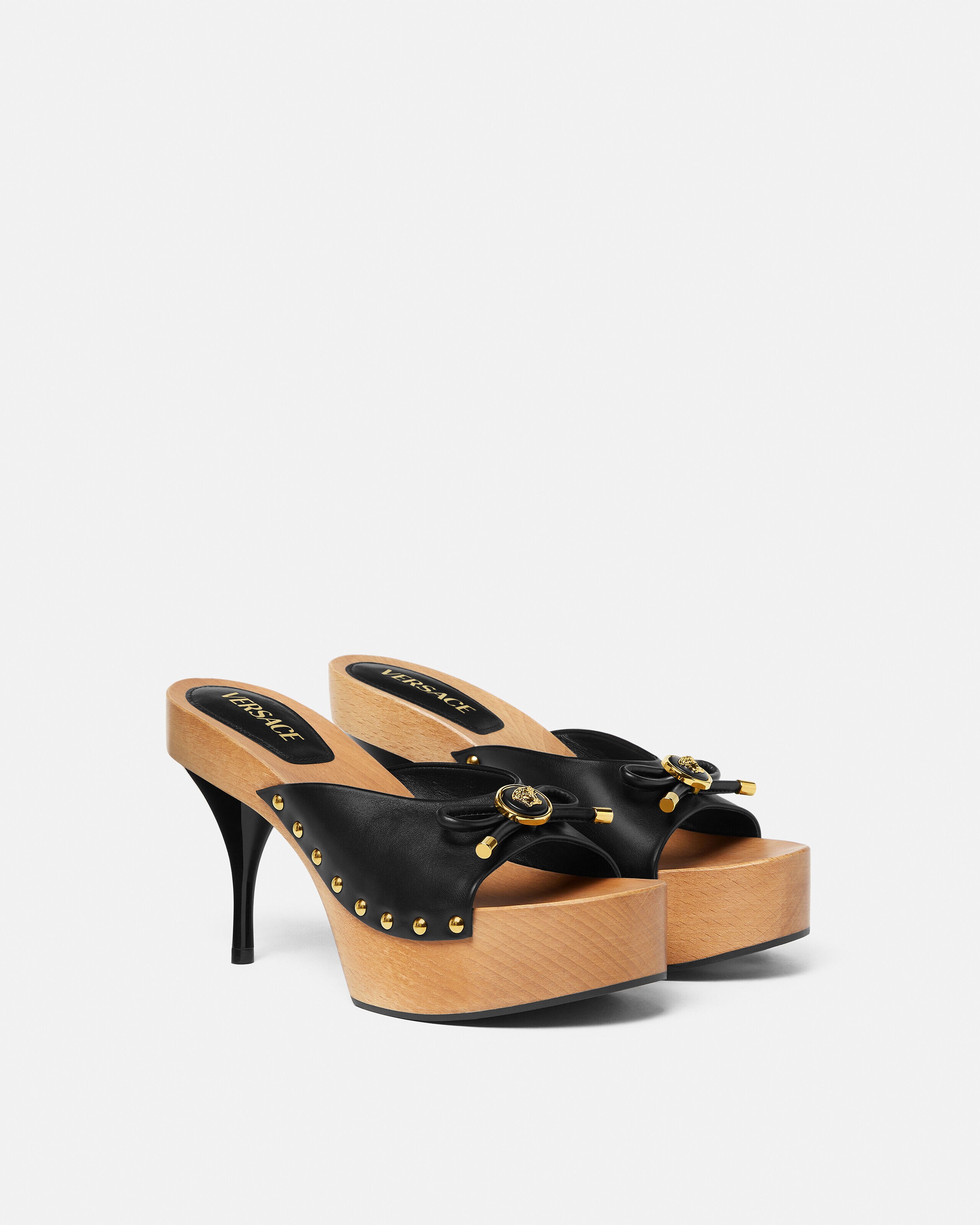 Opera Bow Leather Clogs 110 mm Black,Gold | VERSACE US