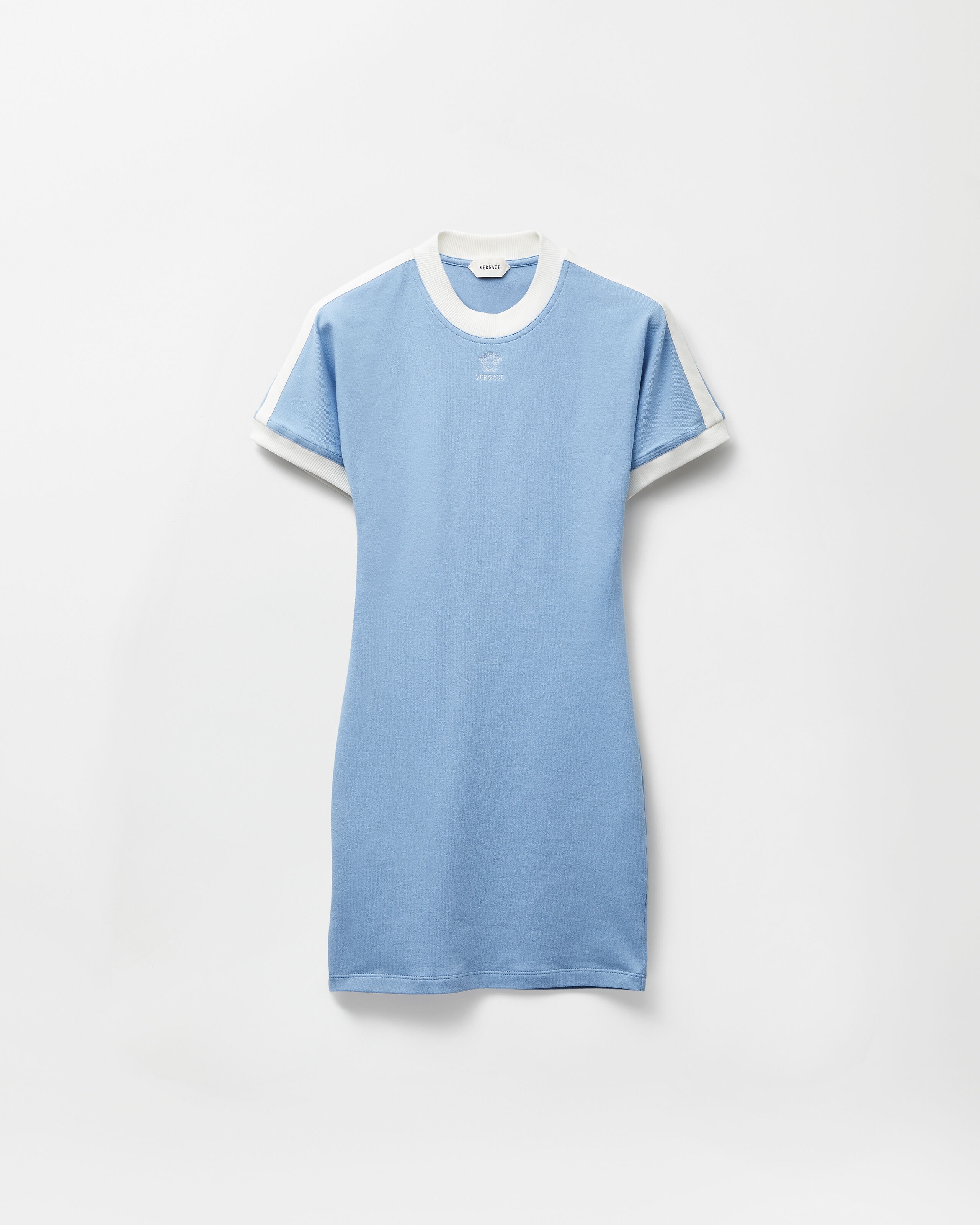 Embroidered Logo Stretch-Cotton Jersey Mini Dress Blue | VERSACE US