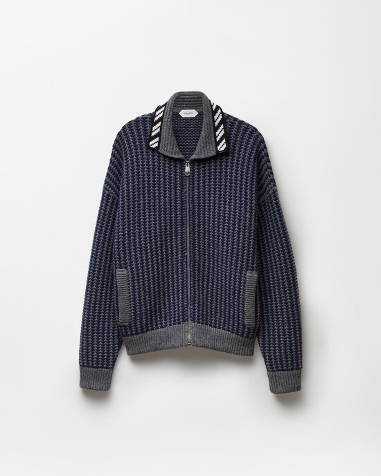 Intarsia Wool Knit Zip Cardigan Blue+Gray 1