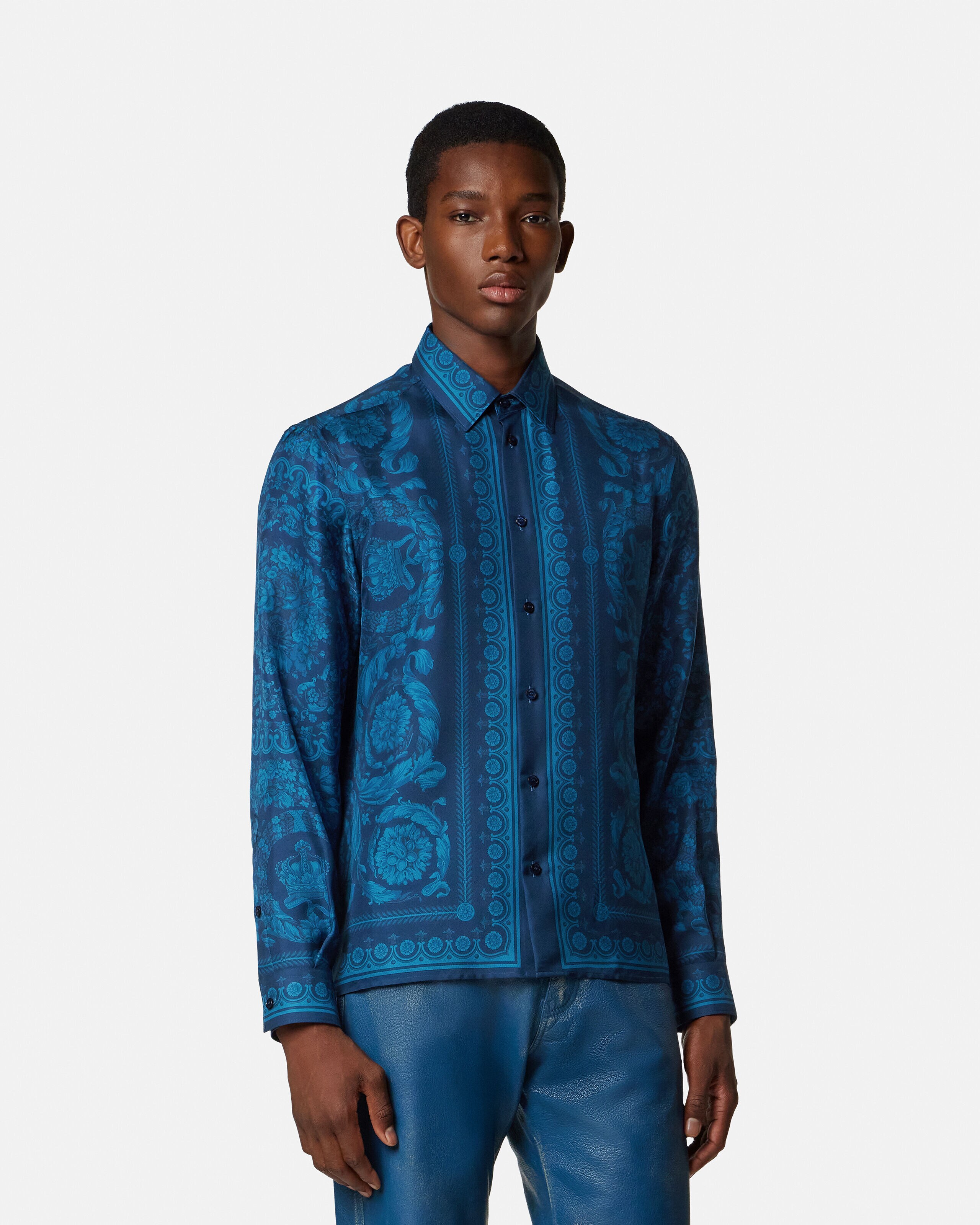 Printed Silk Twill Slim Shirt Blue | VERSACE