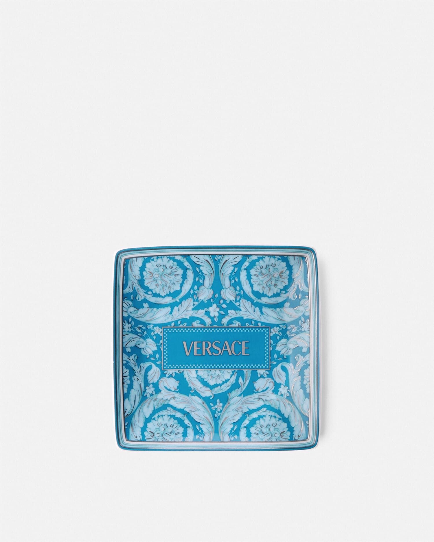 Barocco Teal Small Square Plate 12 cm Blue | VERSACE US