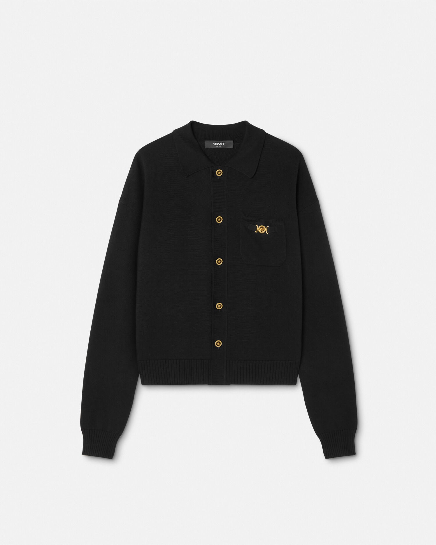 Cashmere-Cotton Knit Polo Cardigan Black | VERSACE