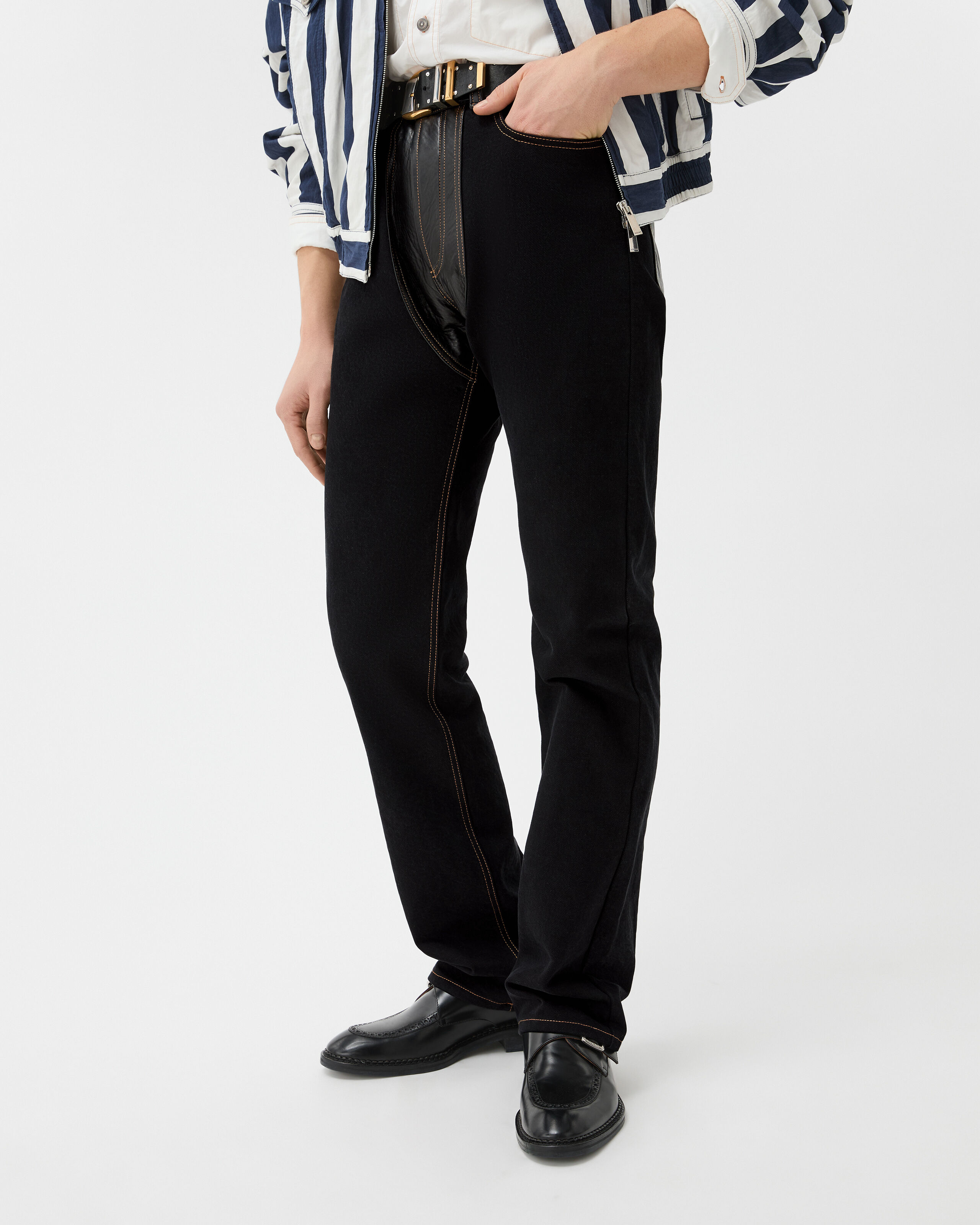 ヴェルサーチ ブラックジーンズ Denim & Leather Straight Jeans Black | VERSACE US