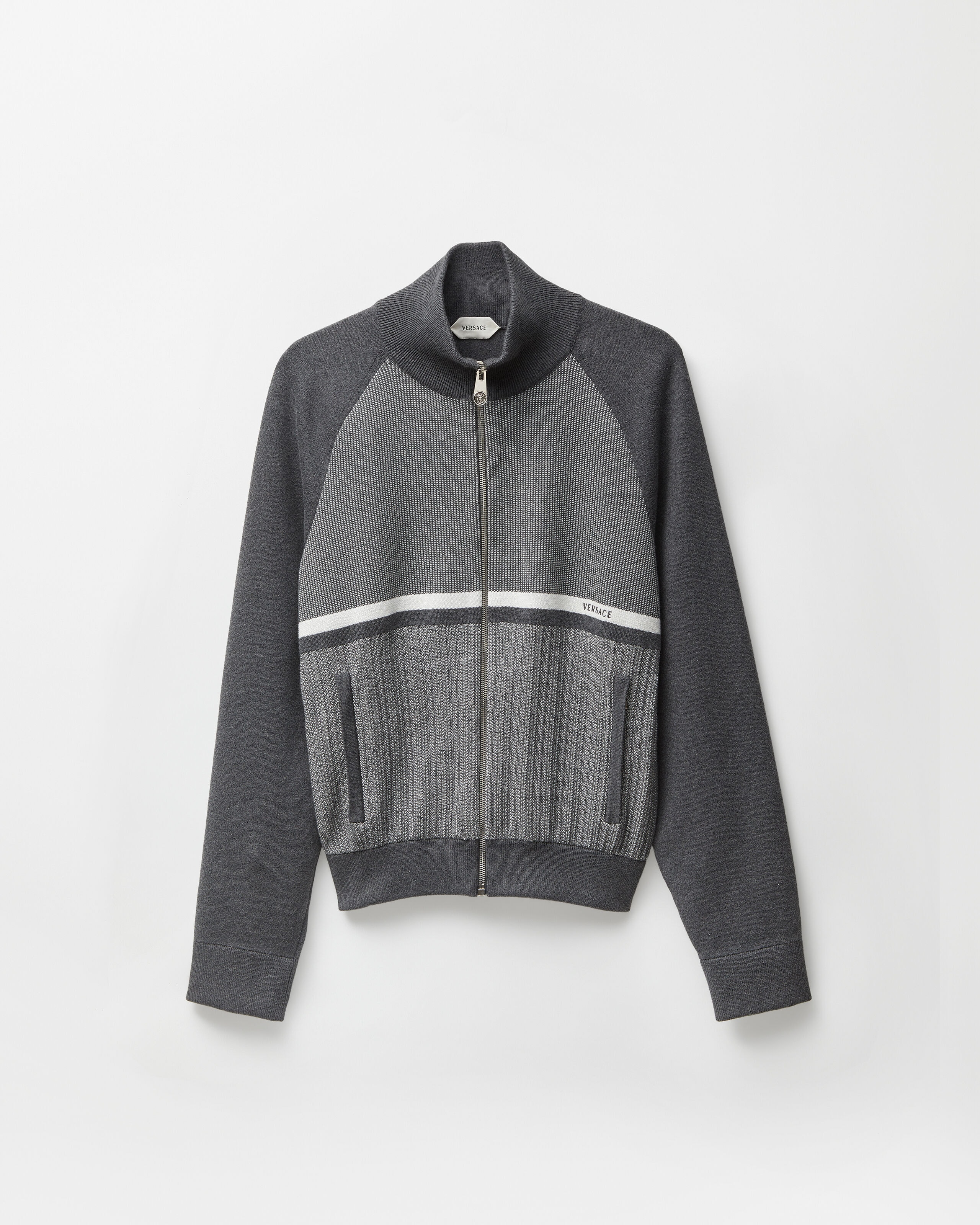 Versace ニット ジップアップ Embroidered Jacquard Cotton Knit Zip Sweater Gray | VERSACE US