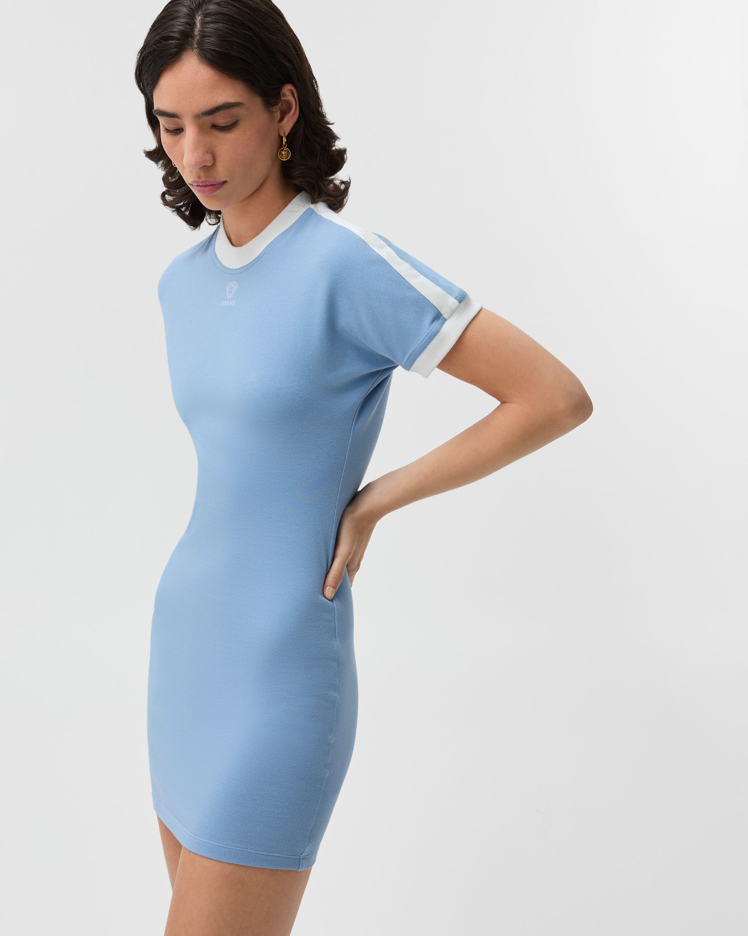 Embroidered Logo Stretch-Cotton Jersey Mini Dress Blue | VERSACE US