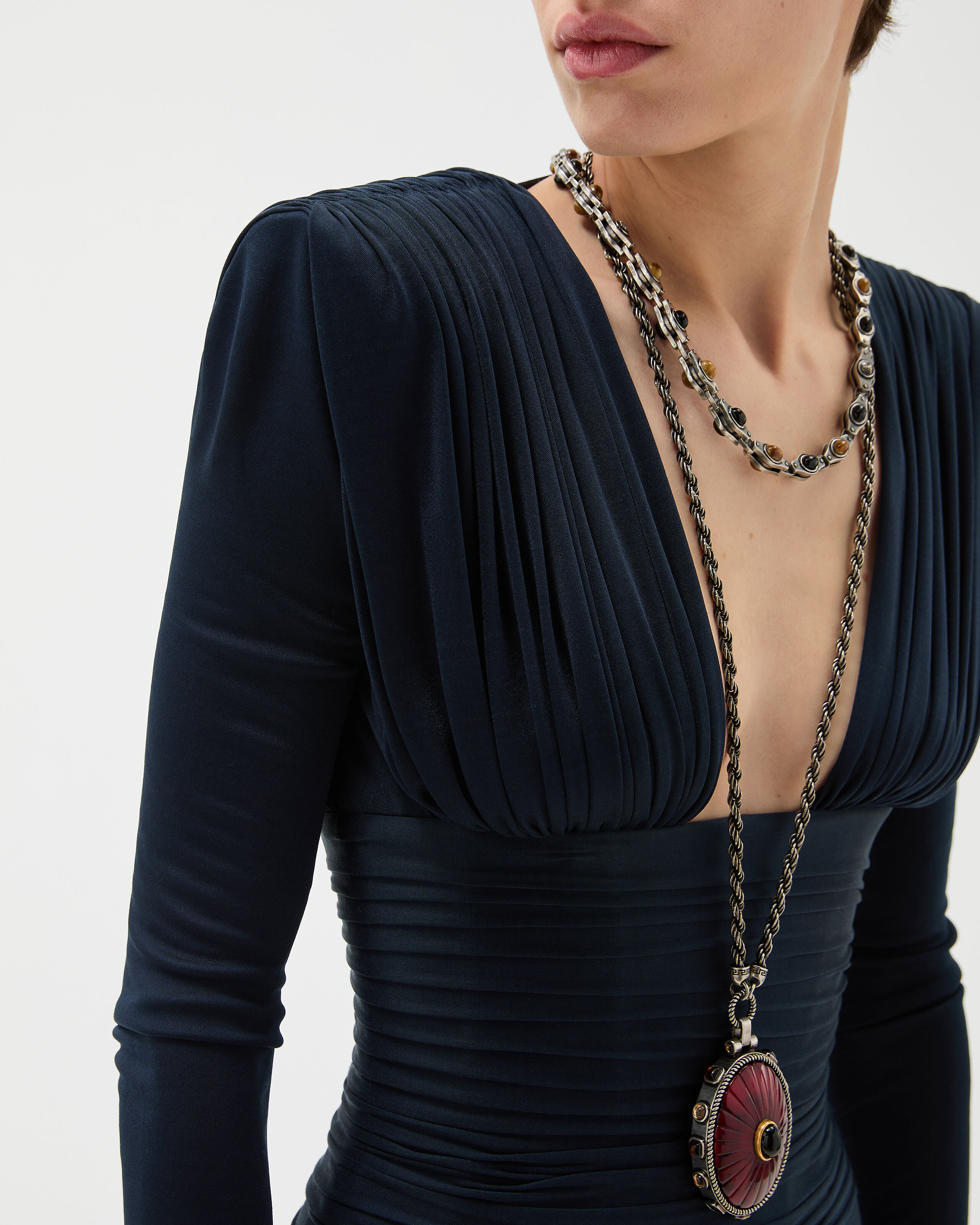 Draped Silk Crêpe Jersey Midi Dress Blue | VERSACE US