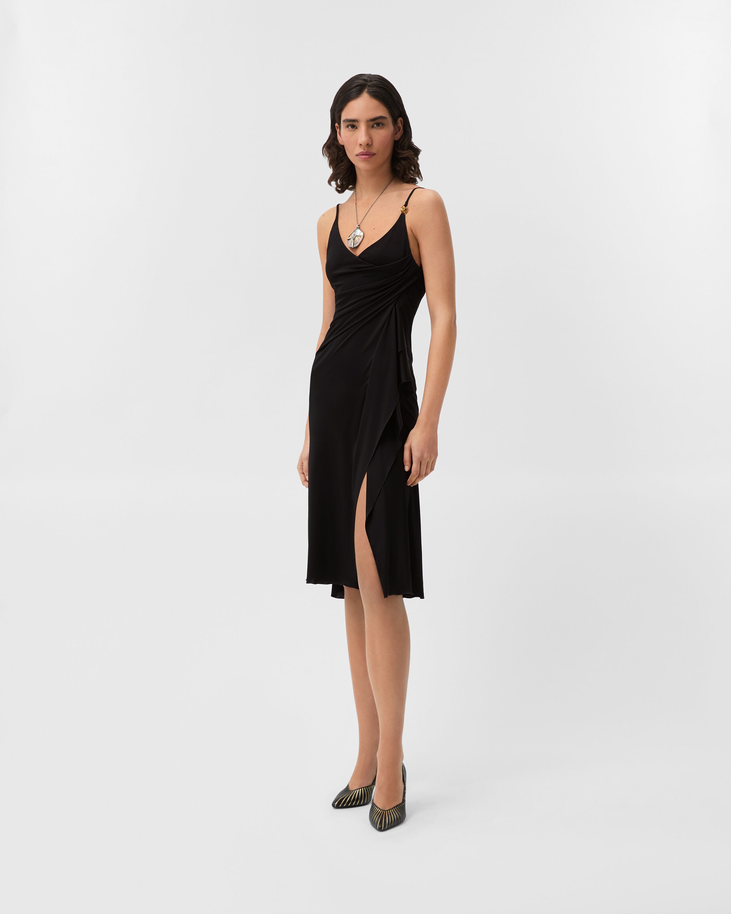 Viscose-Jersey Draped Midi Dress Black | VERSACE US