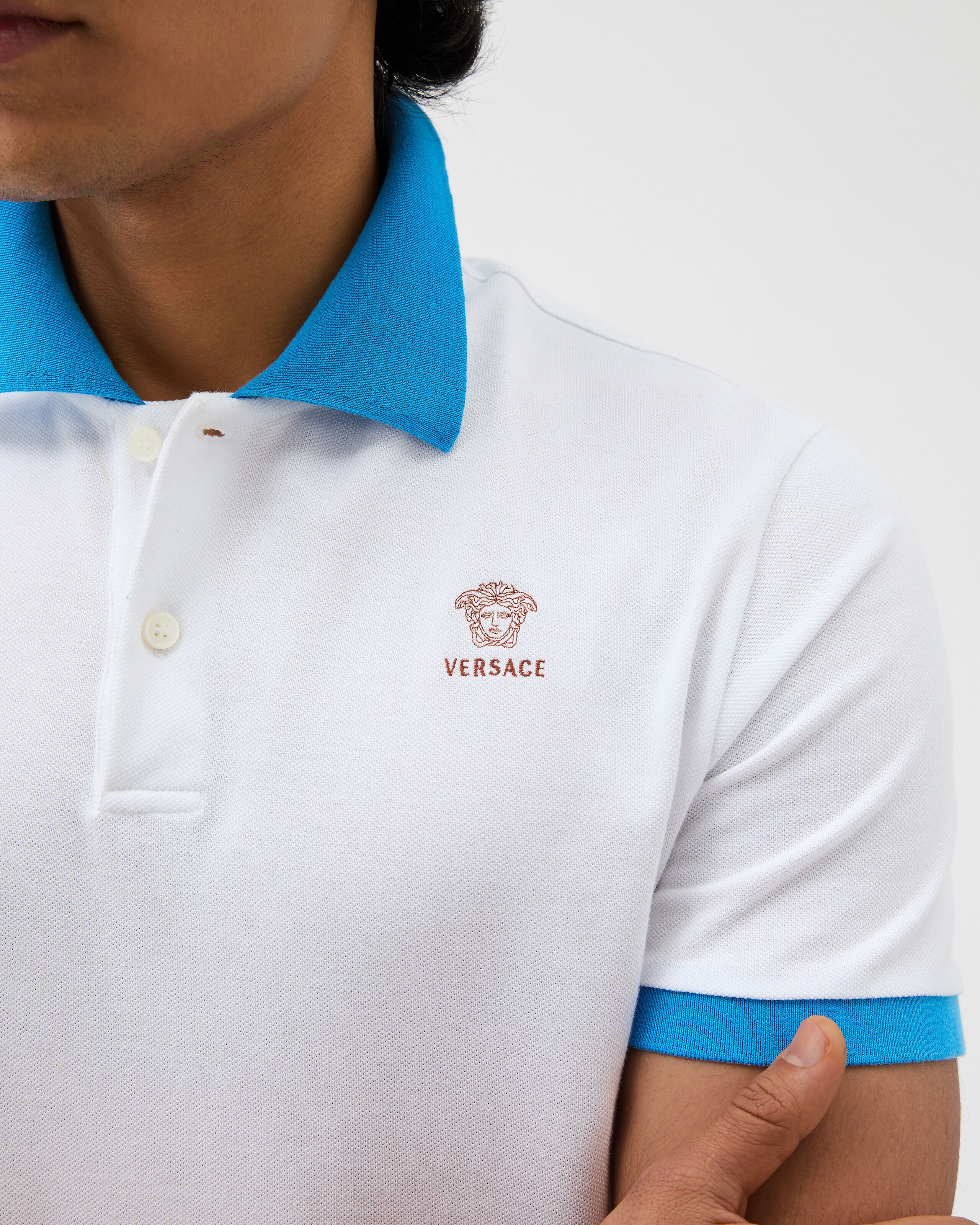 Embroidered Cotton Piqué Polo Blue,White | VERSACE US