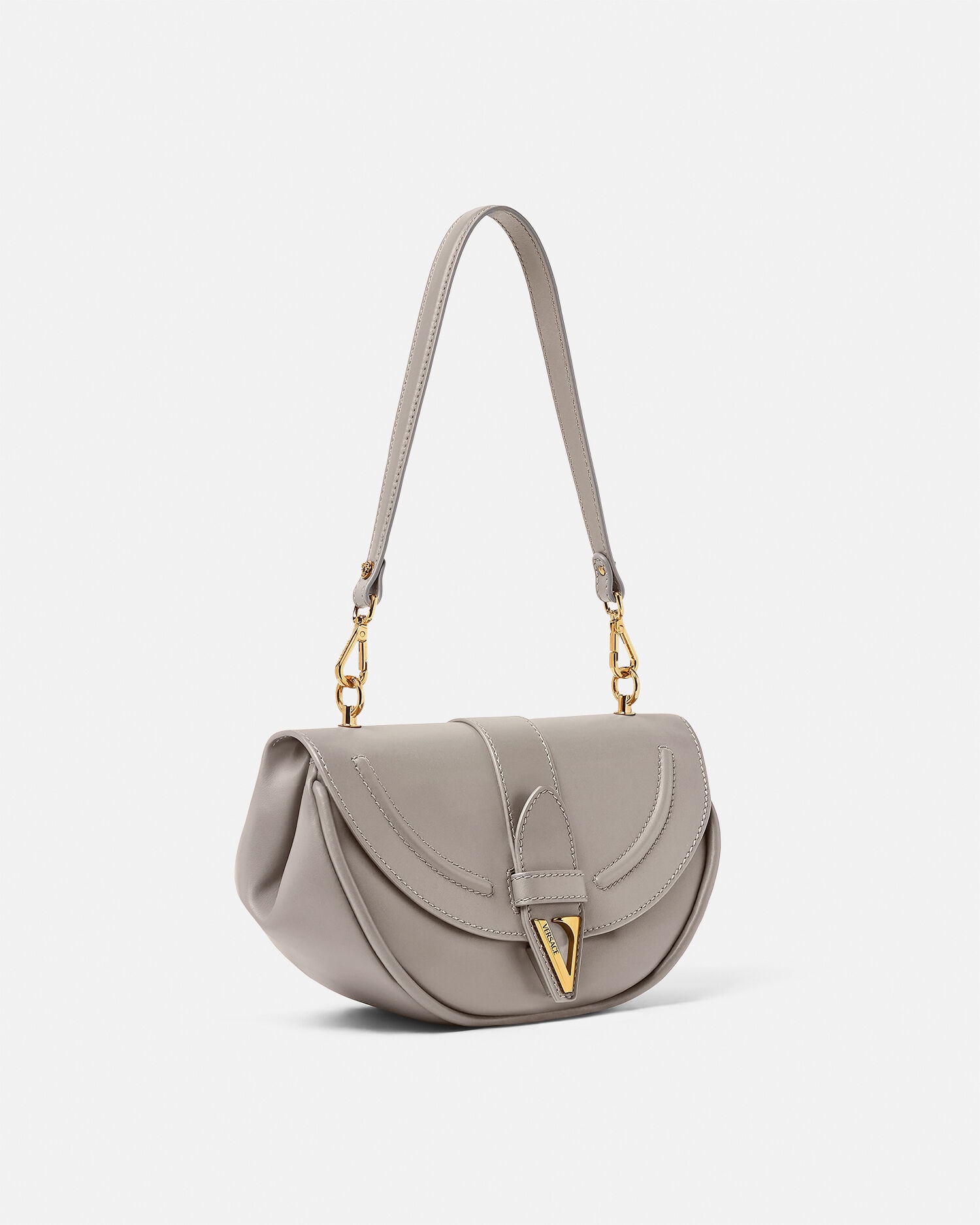 Virtus Leather Shoulder Bag Gray | VERSACE US