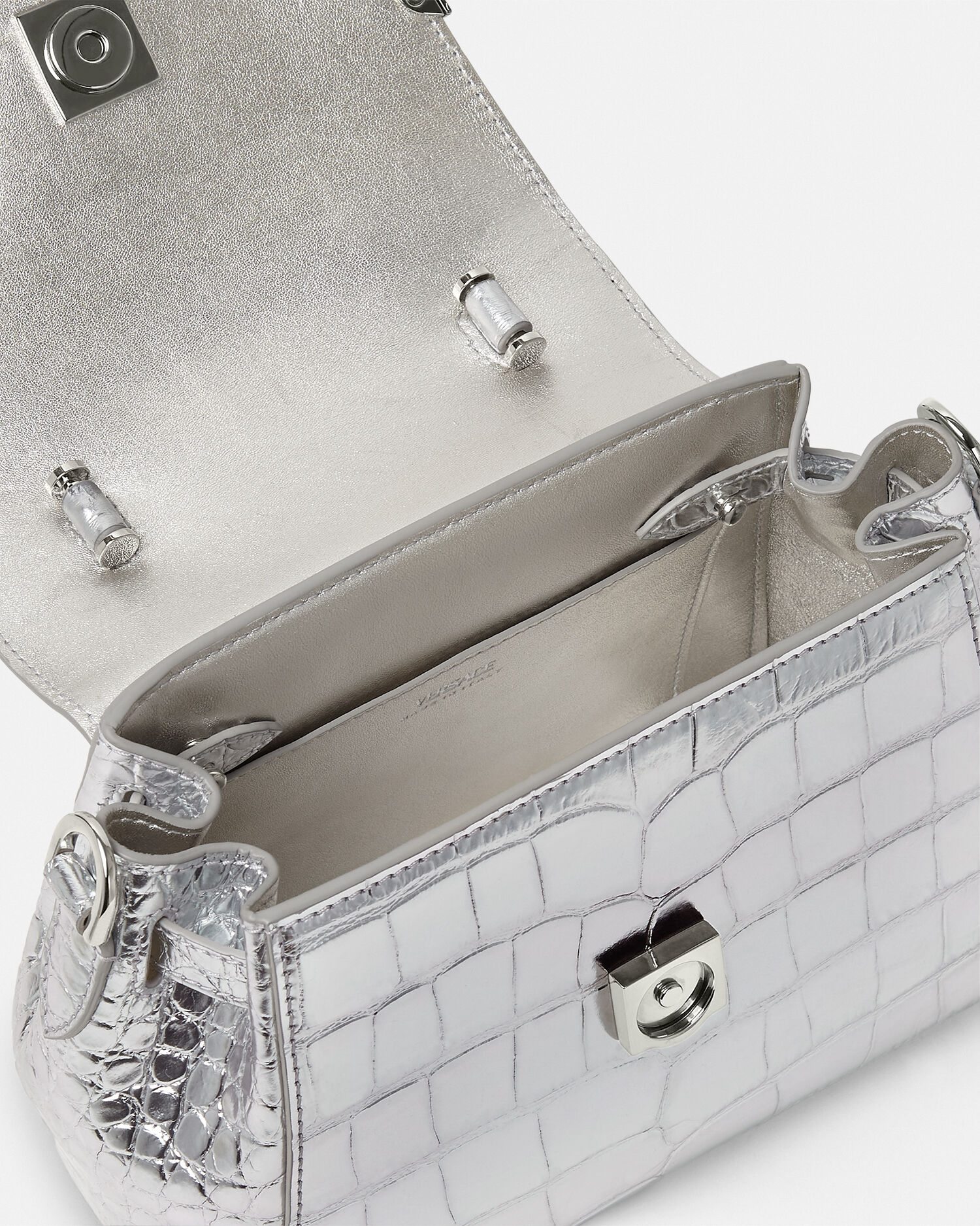 Croc Effect La Medusa Small Handbag Silver VERSACE UK