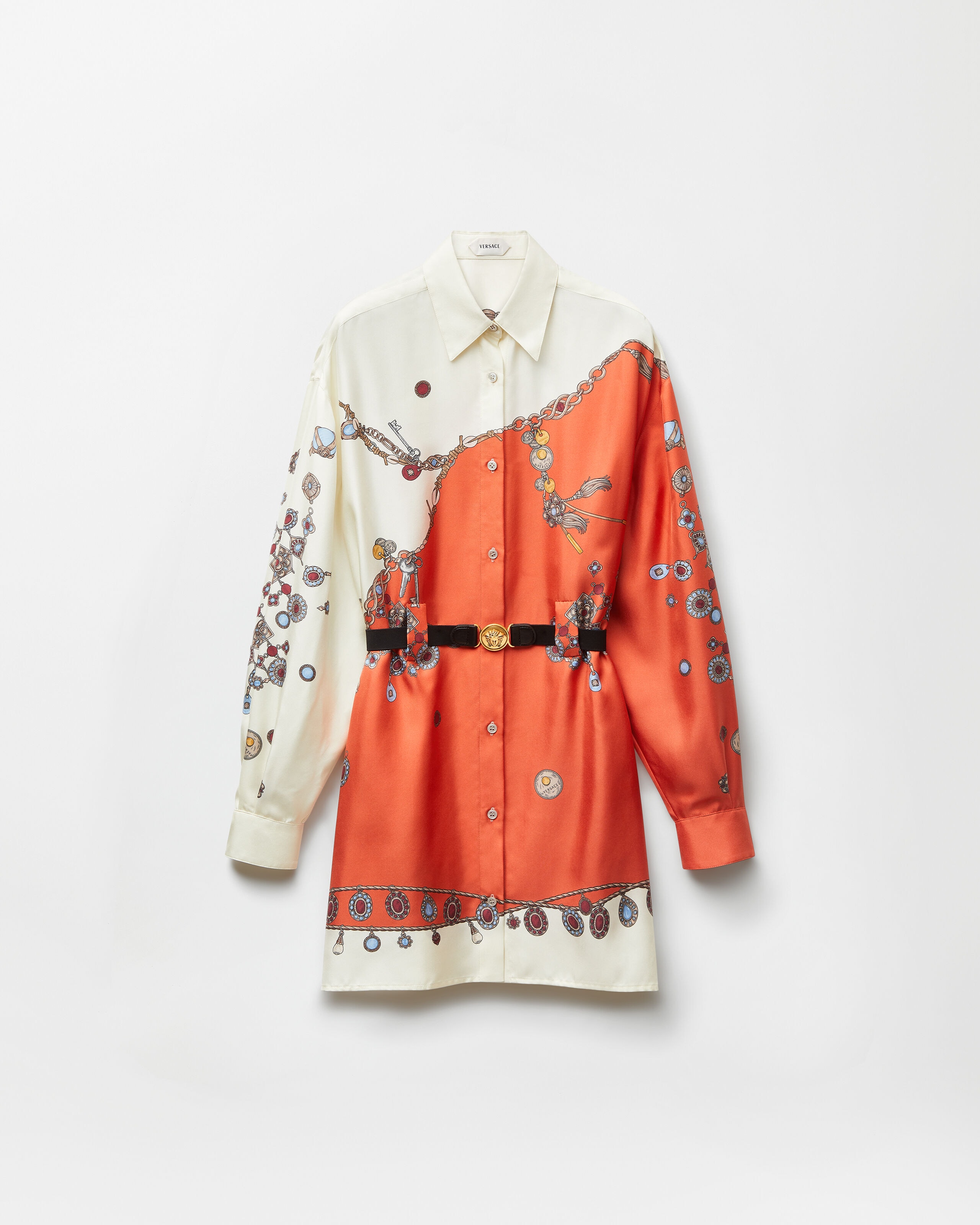 Printed Silk Twill Mini Dress Orange | VERSACE US