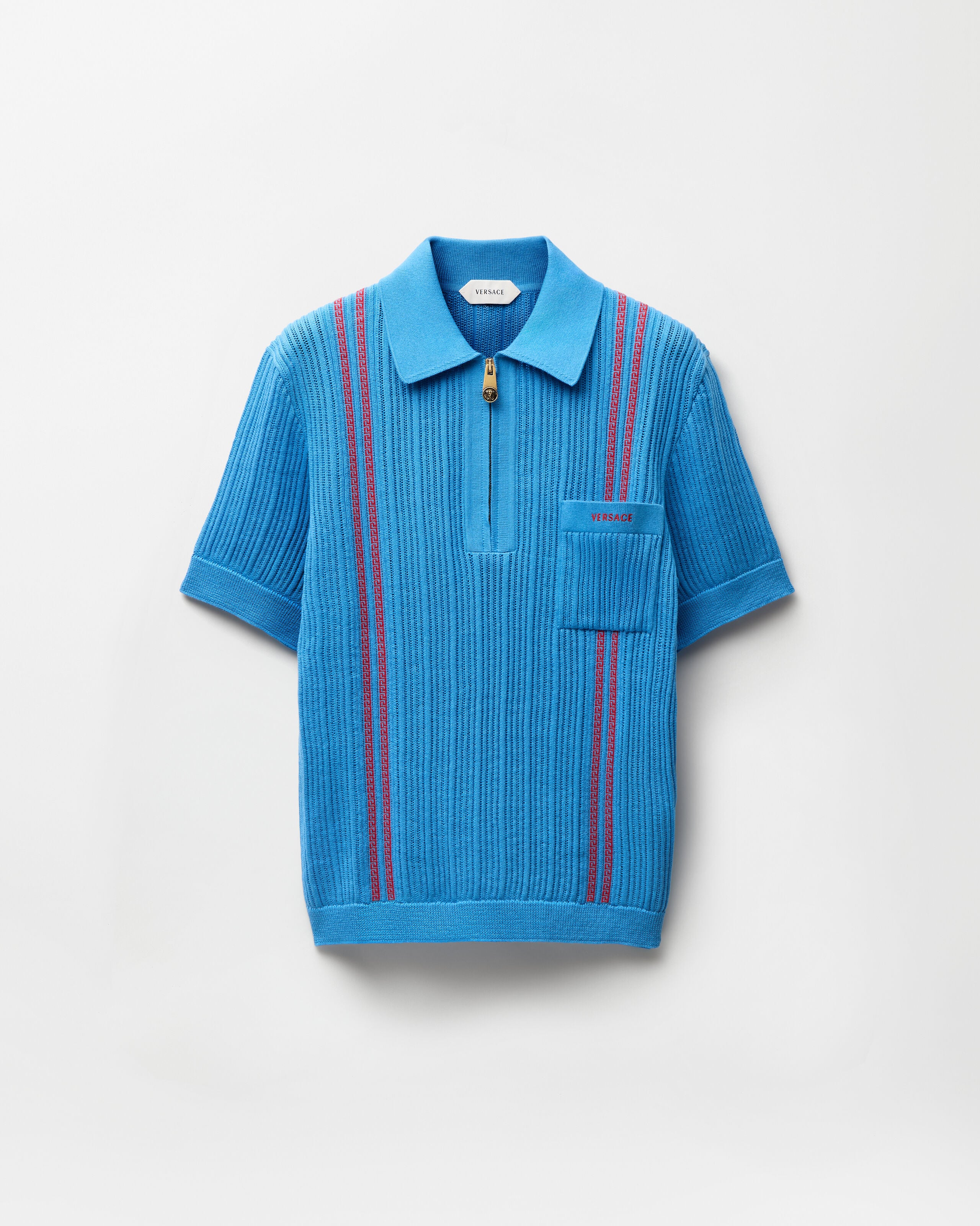 Embroidered-Logo Cotton Knit Polo shirt Blue | VERSACE UK