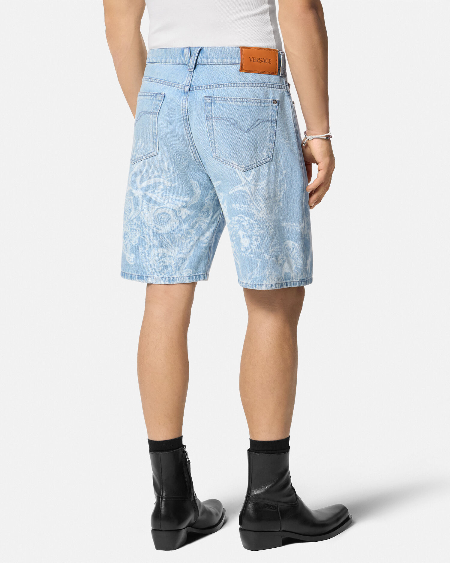 Lasered Barocco Sea Denim Shorts VERSACE