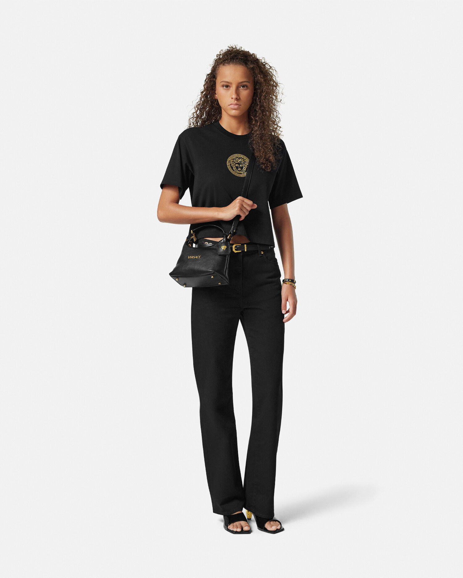 Versace Tag Hobo Handbag Black,Gold | VERSACE US