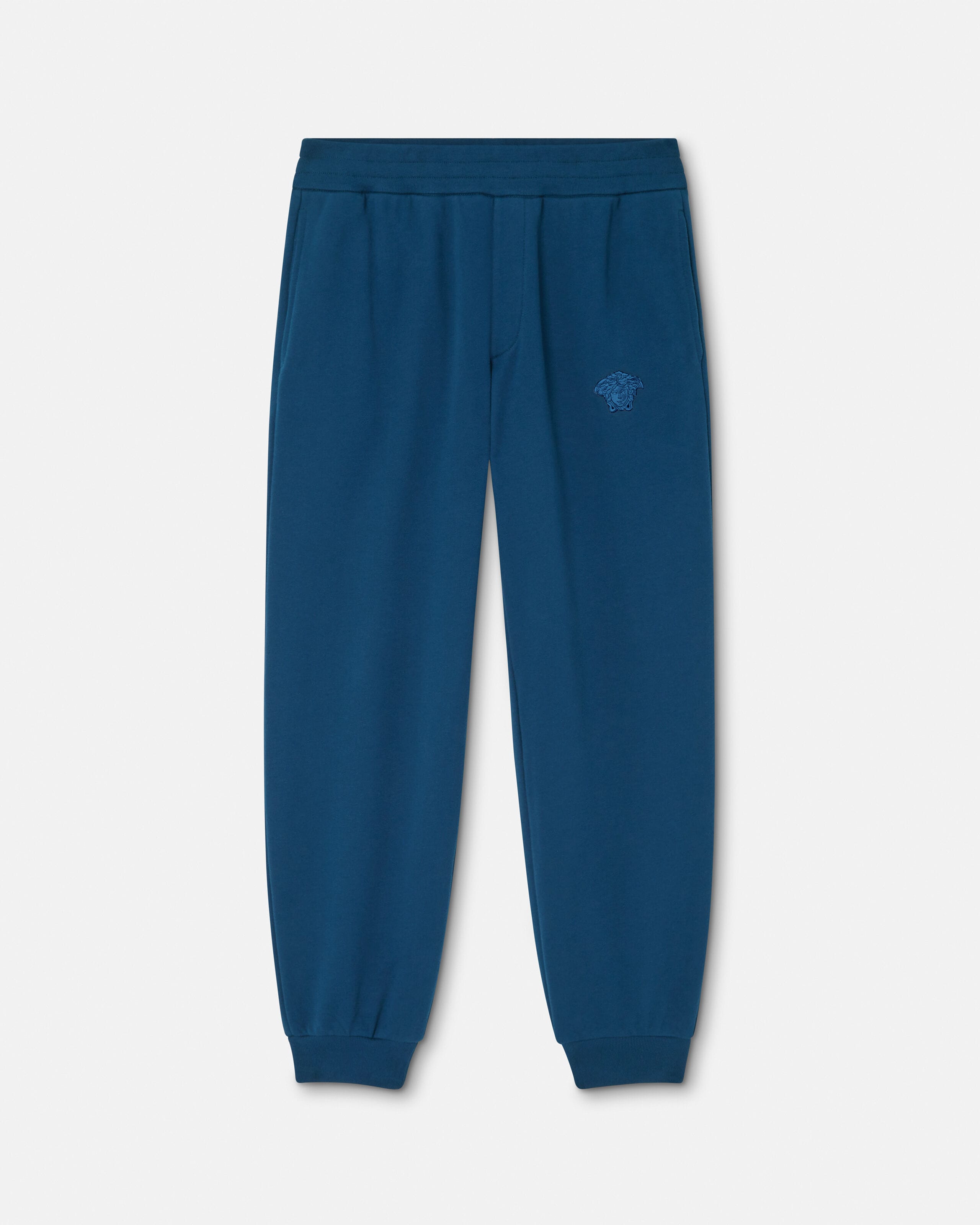 Embroidered Cotton-Jersey Sweatpants Blue | VERSACE US