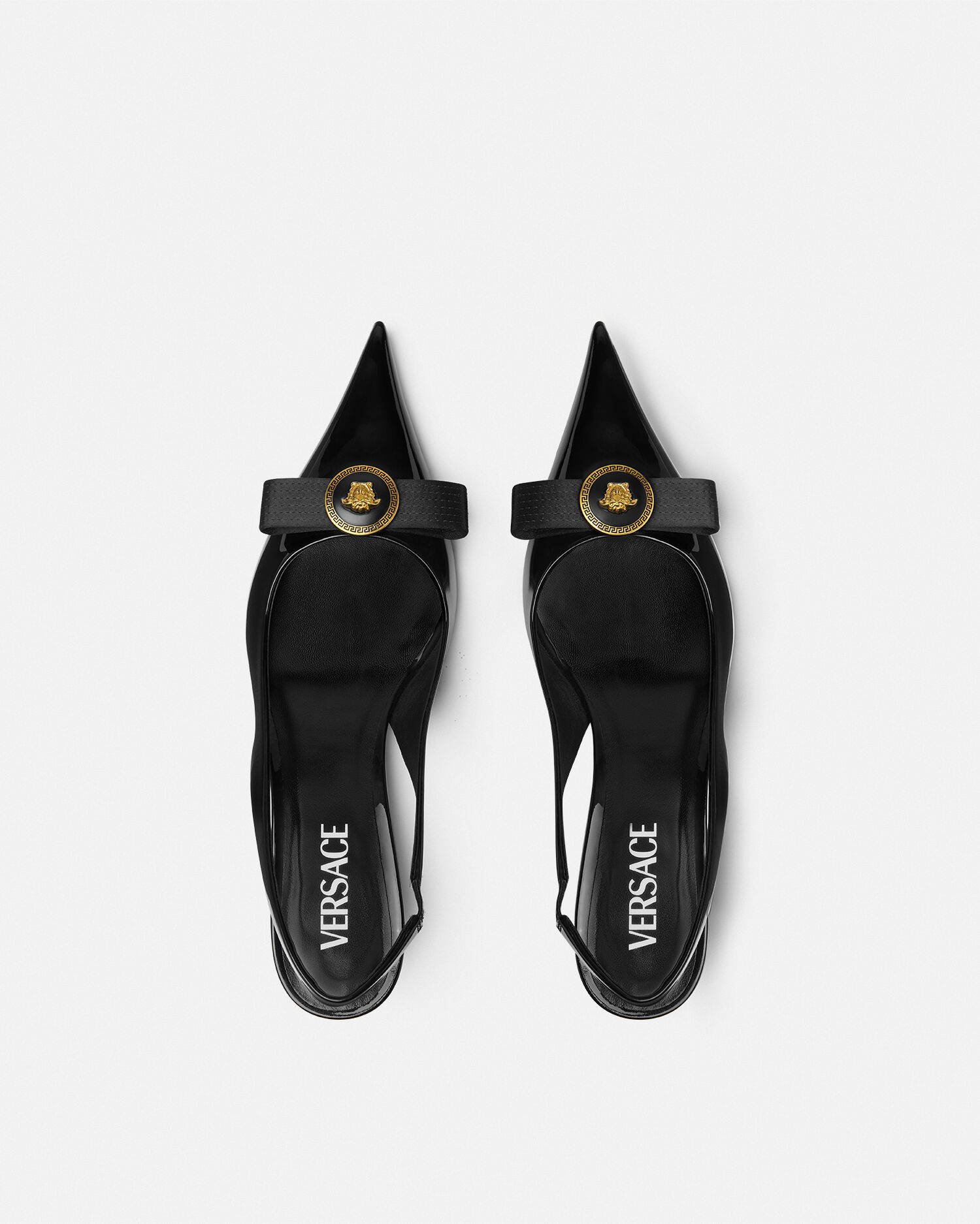 Gianni Ribbon Patent Slingbacks 45 mm Black,Gold | VERSACE