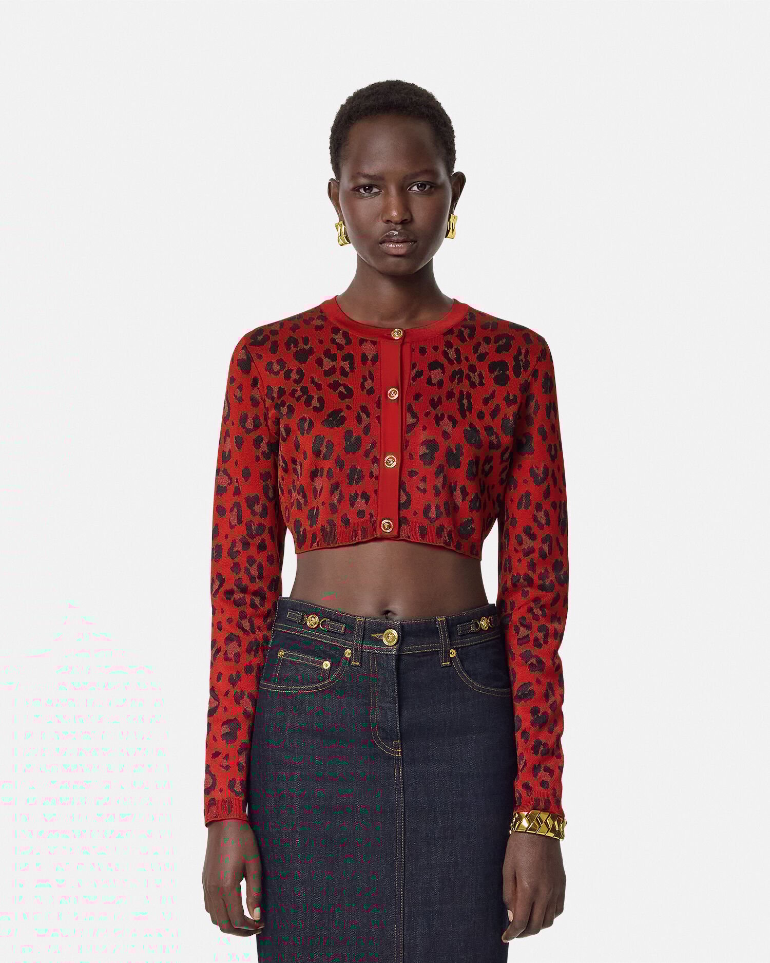 Leopard Lurex Crop Knit Cardigan Red VERSACE US