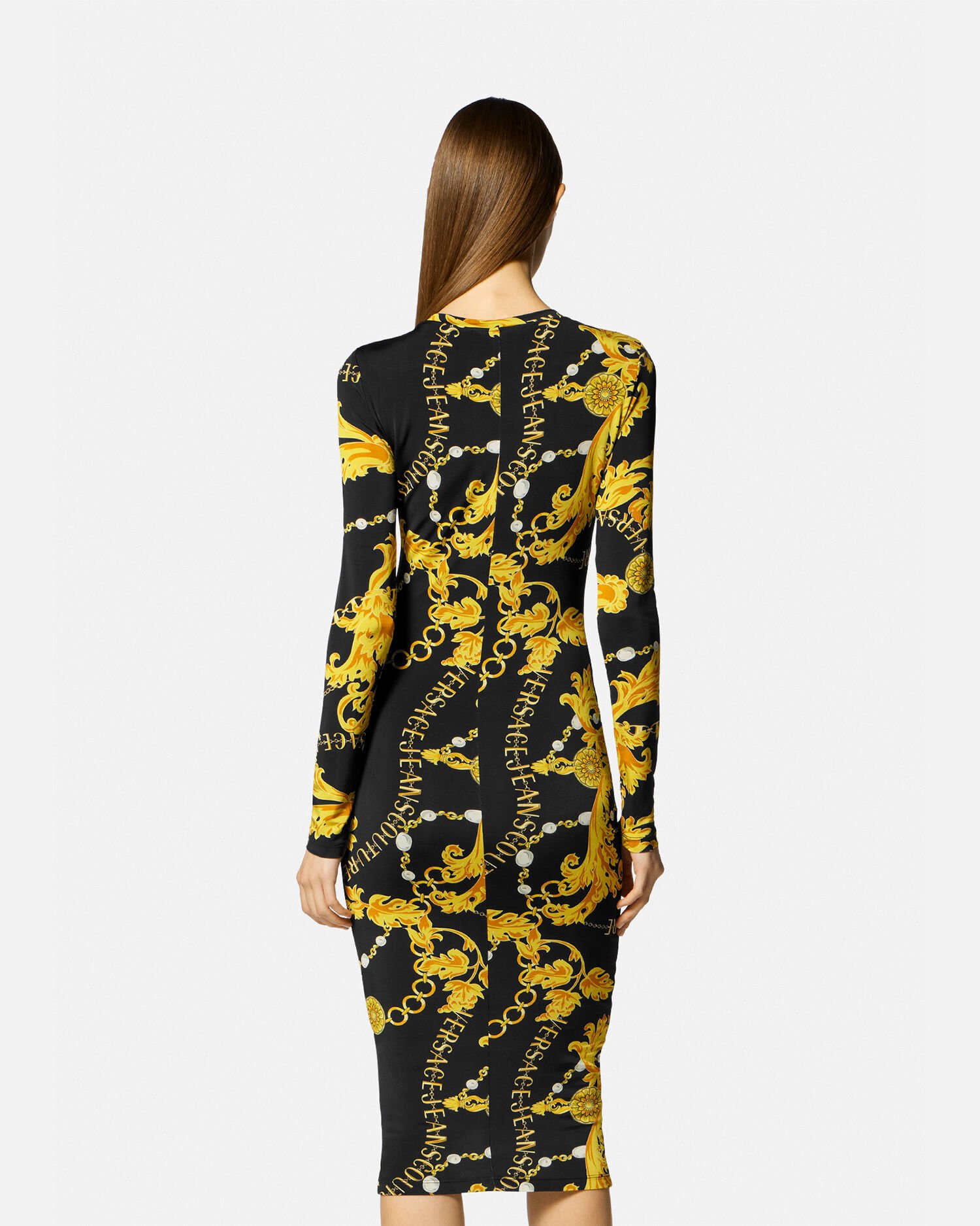 Versace gold shop and black dress