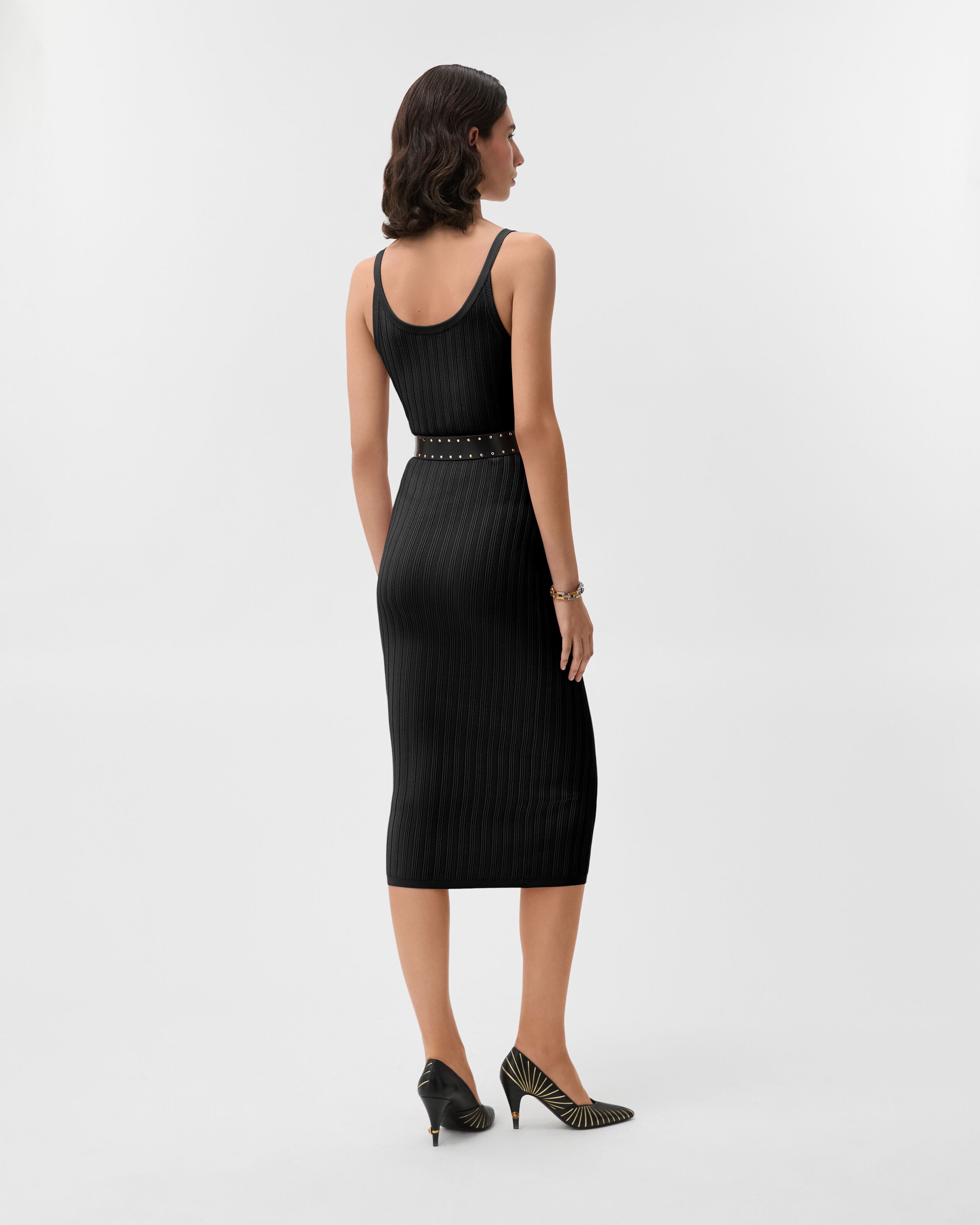 Viscose Mesh Ribbed Knit Midi Dress Black | VERSACE US