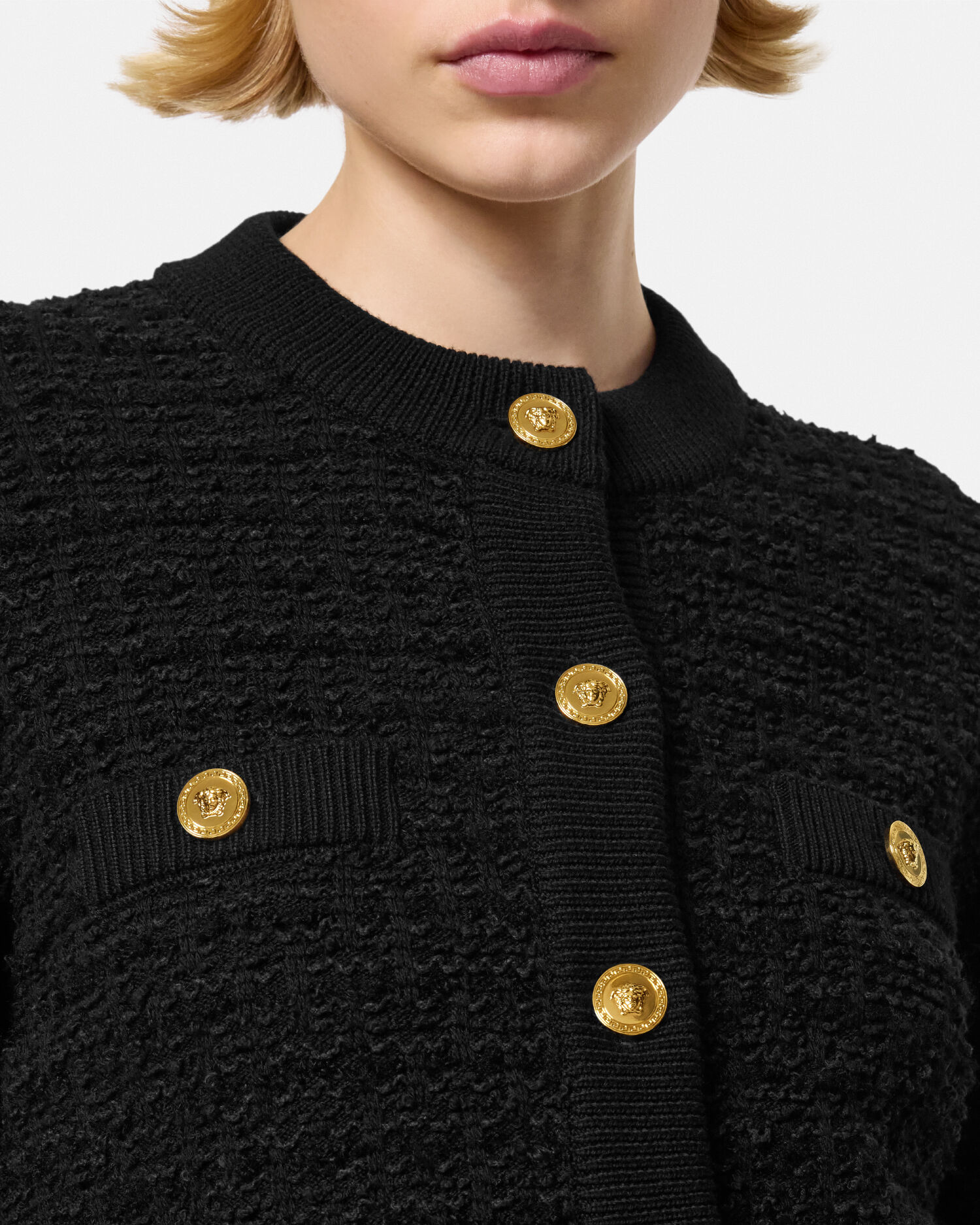 Tweed Knit Cardigan Jacket Black | VERSACE US