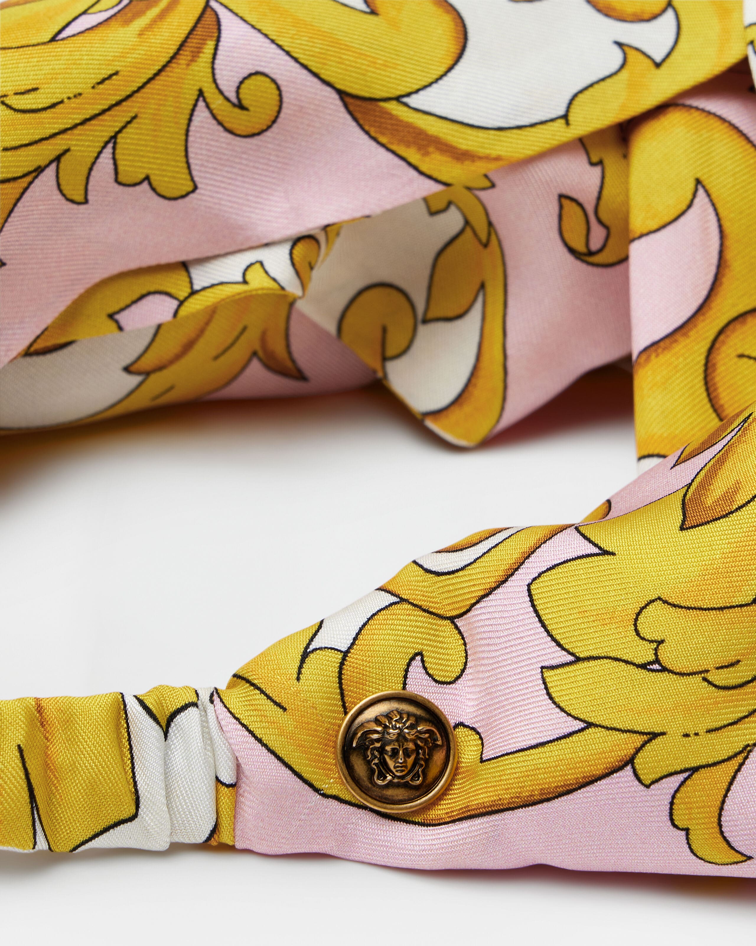 Printed Silk Twill Headband Yellow,Pink | VERSACE US