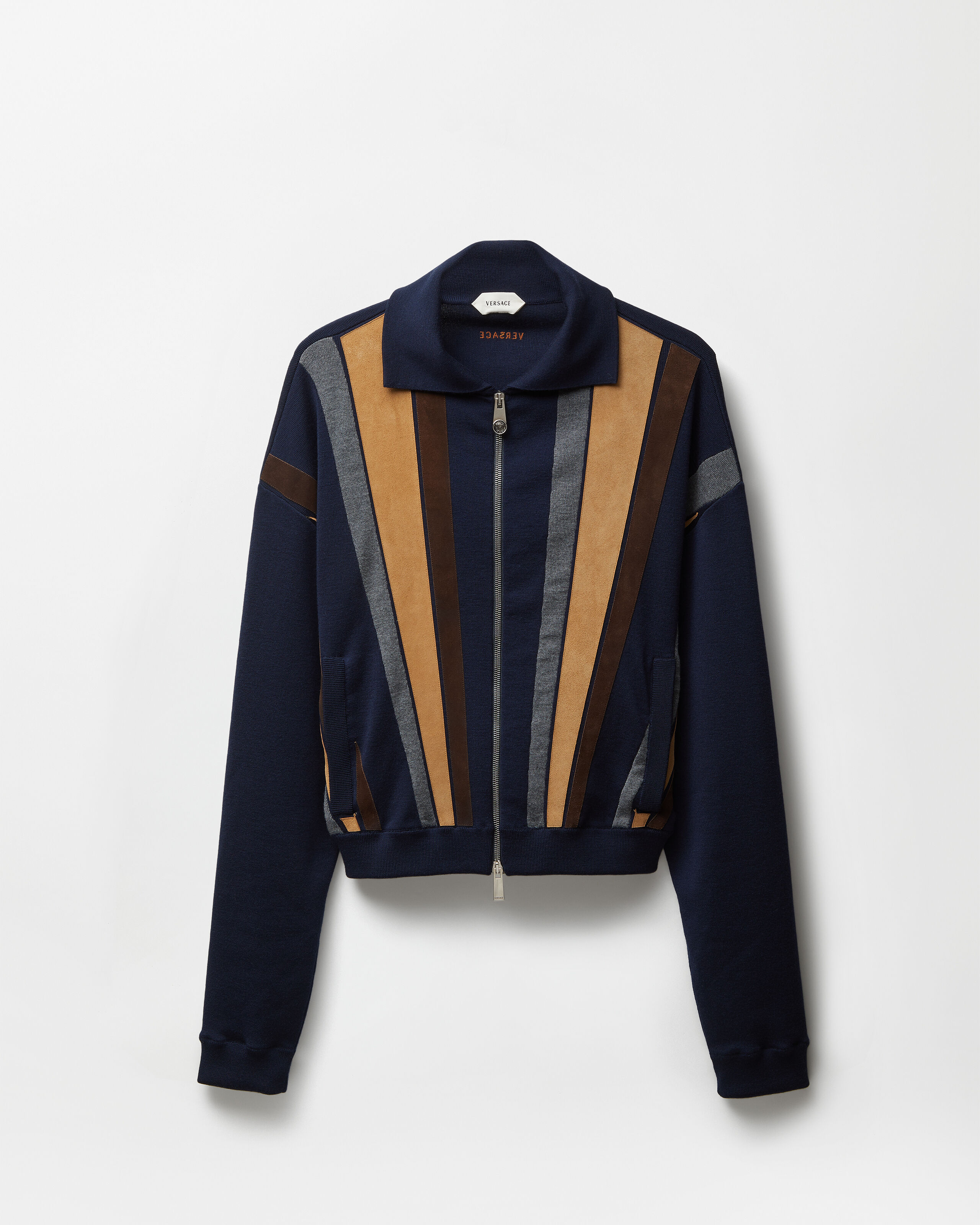 Intarsia-Wool & Leather Patchwork Zip Sweater Blue | VERSACE US