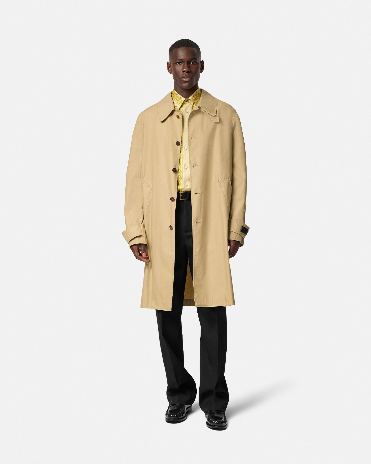 Barocco Panelled Gabardine Trench Coat Yellow Print VERSACE CA