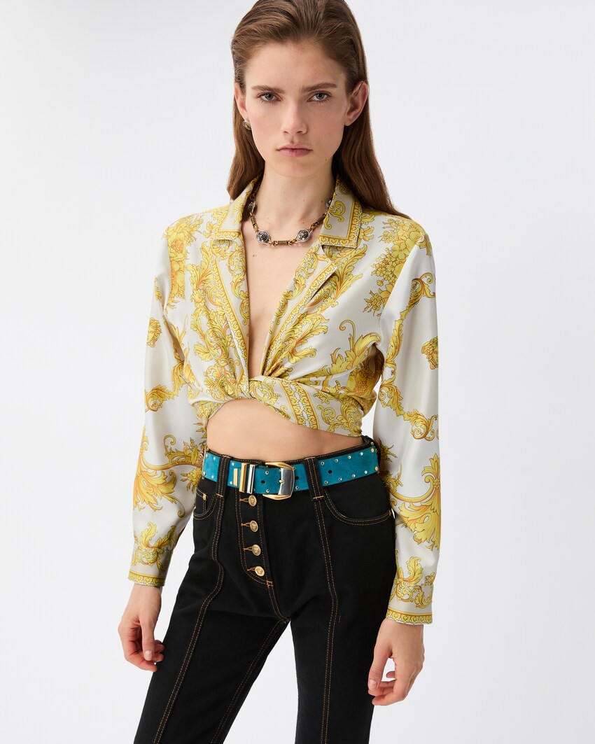 Camisa de sarga de seda con estampado Blanco+Oro 2