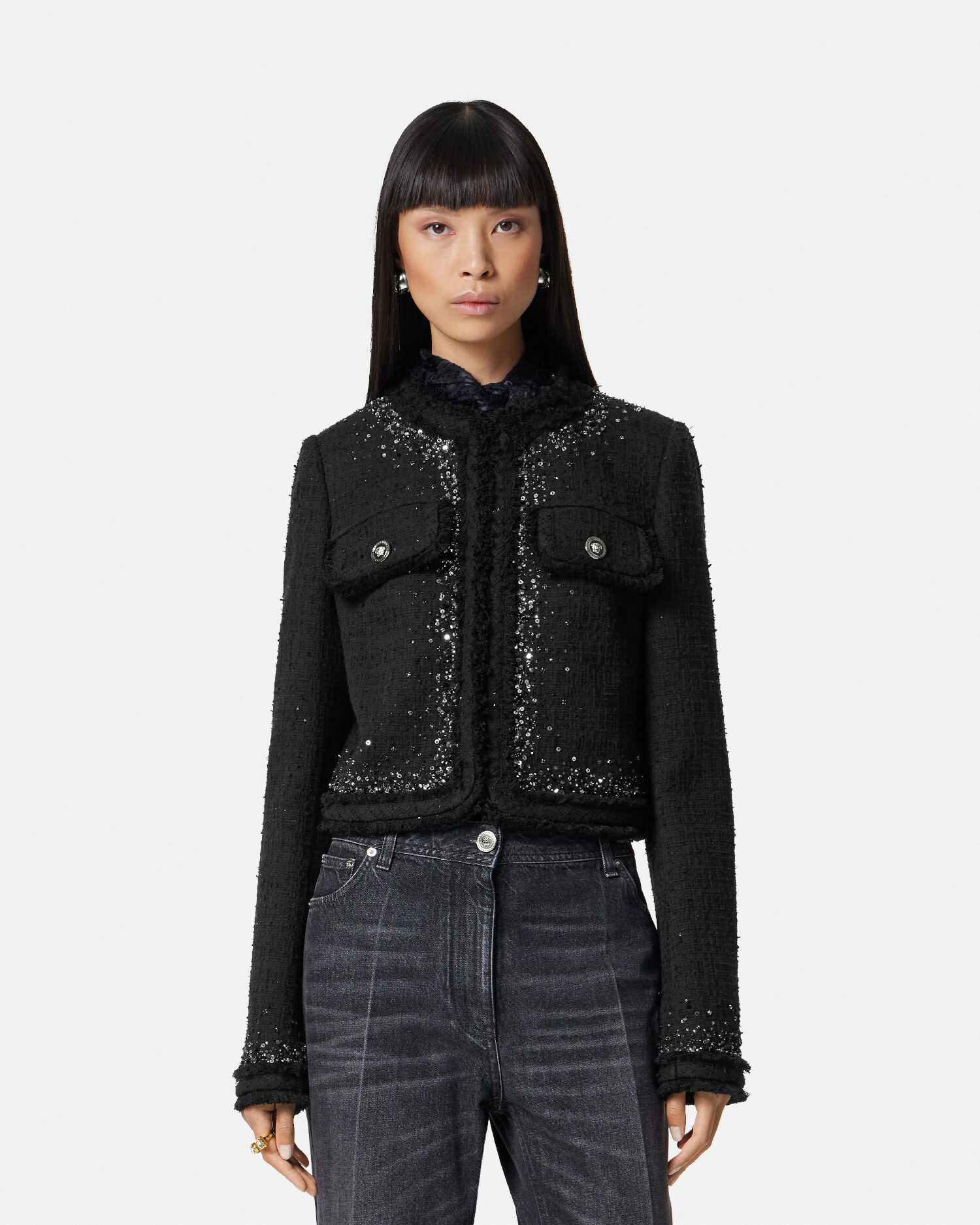 Embellished tweed jacket sale