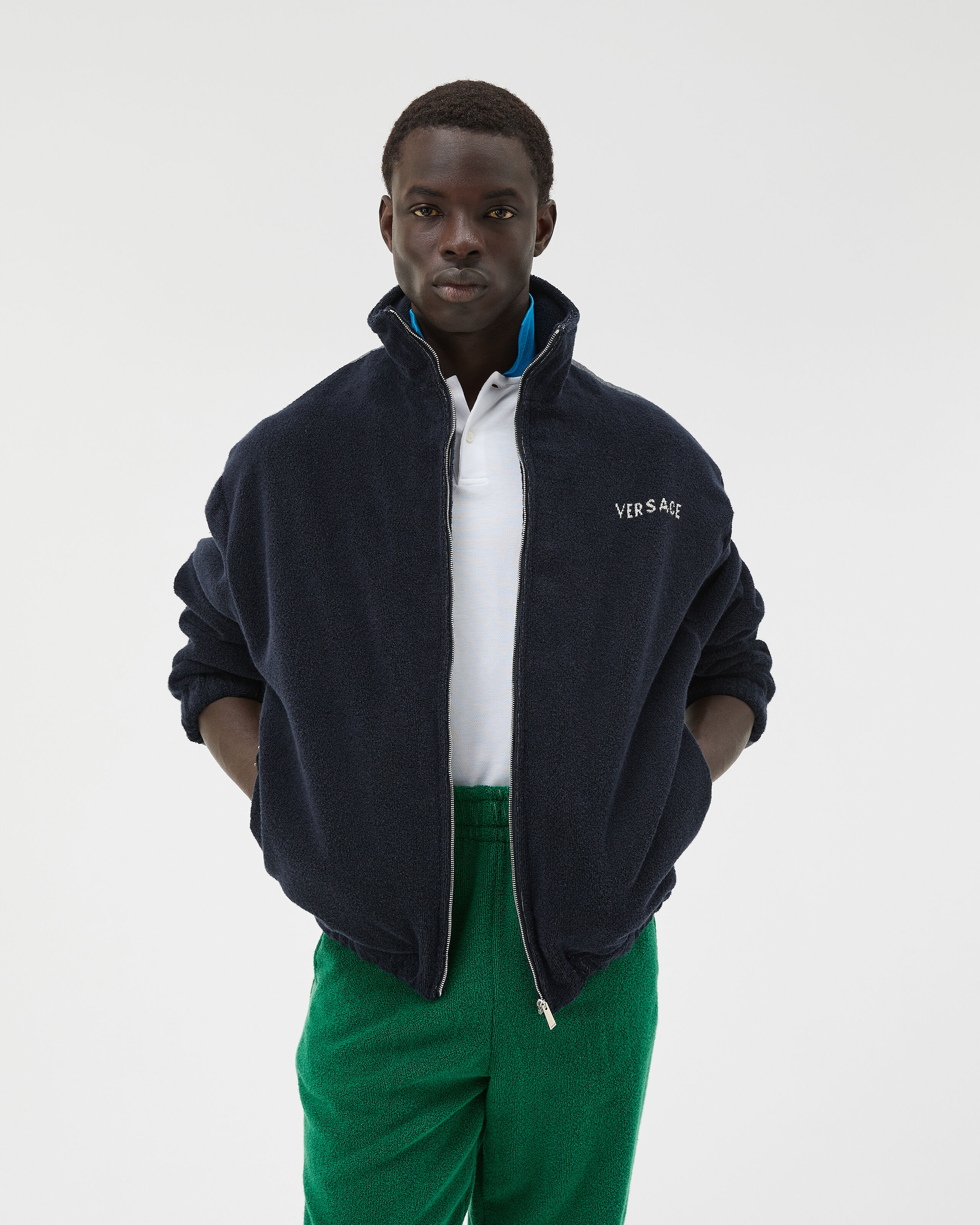 Cotton-Terry Jacquard Zip Sweatshirt Blue | VERSACE