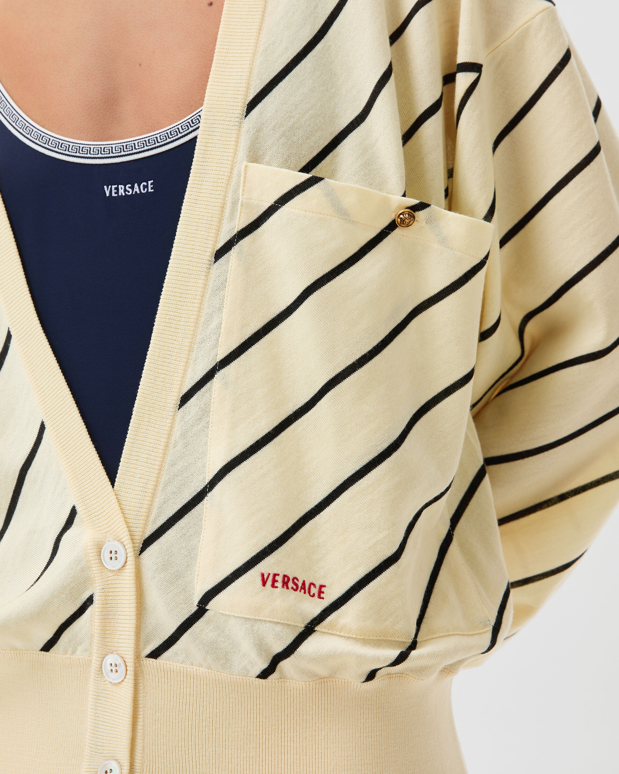 Striped-Intarsia Wool Knit Cardigan Yellow | VERSACE US