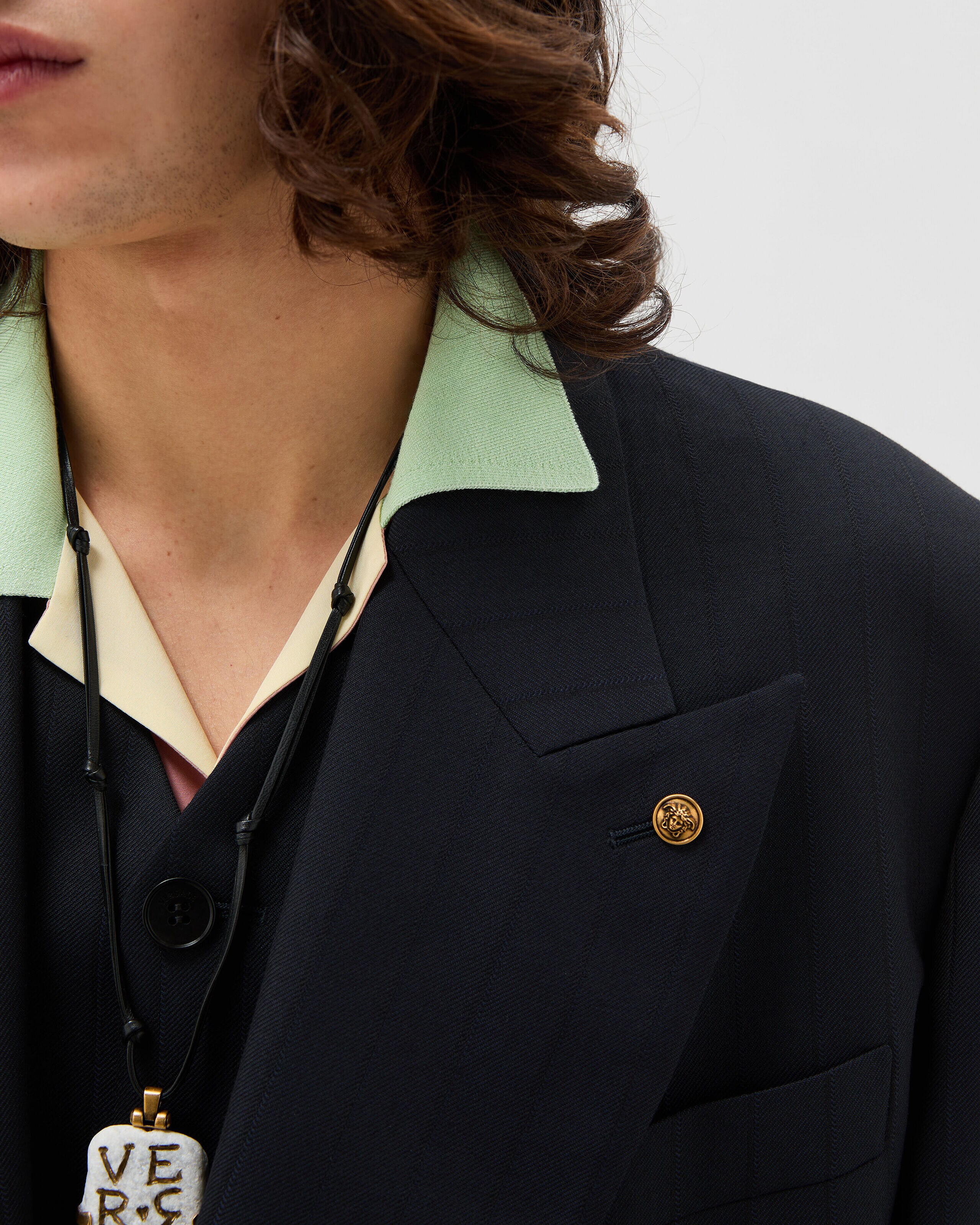 Pinstripe Wool Boxy Blazer Blue | VERSACE US