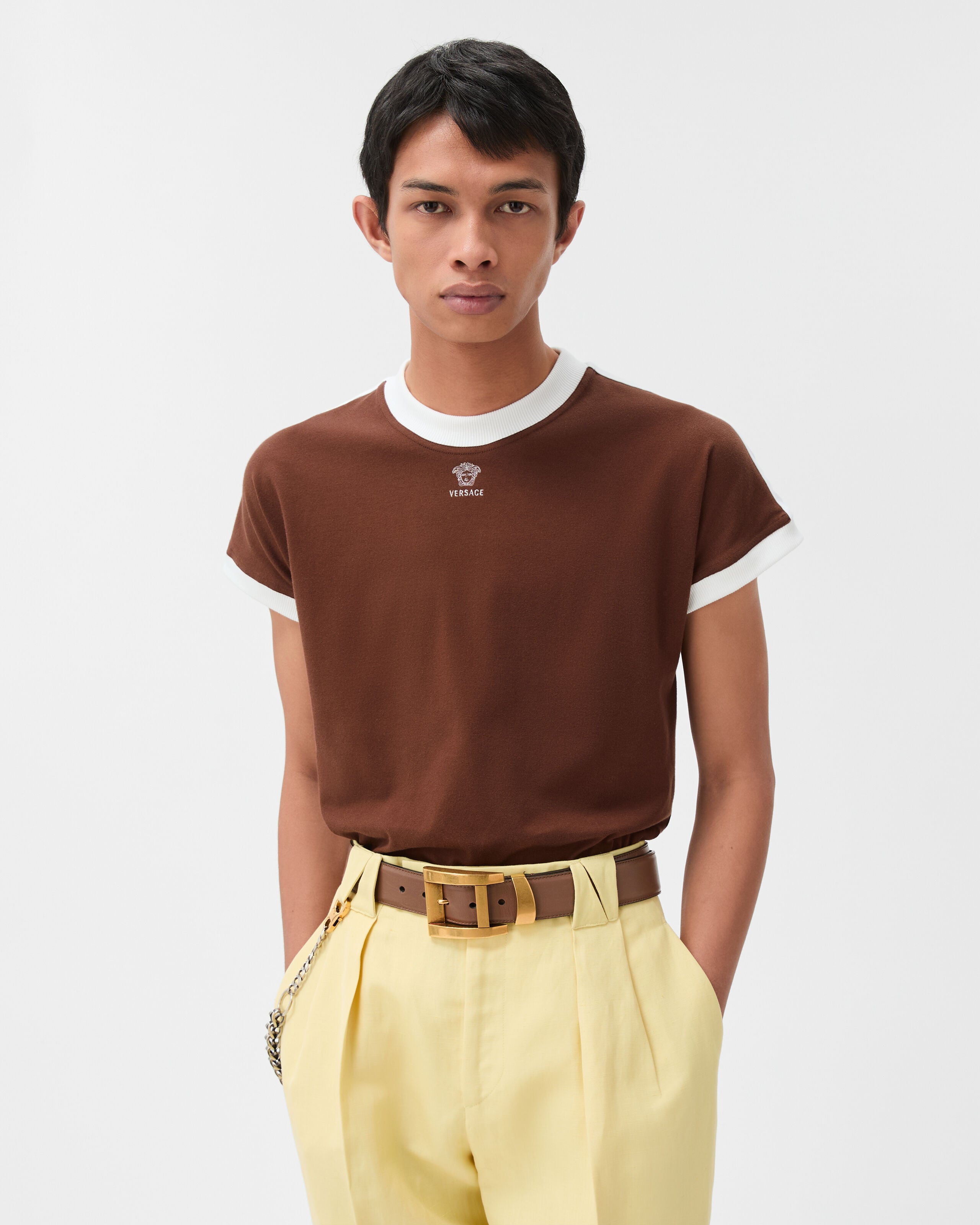Embroidered-Logo Stretch Cotton-Jersey Slim T-Shirt Brown | VERSACE