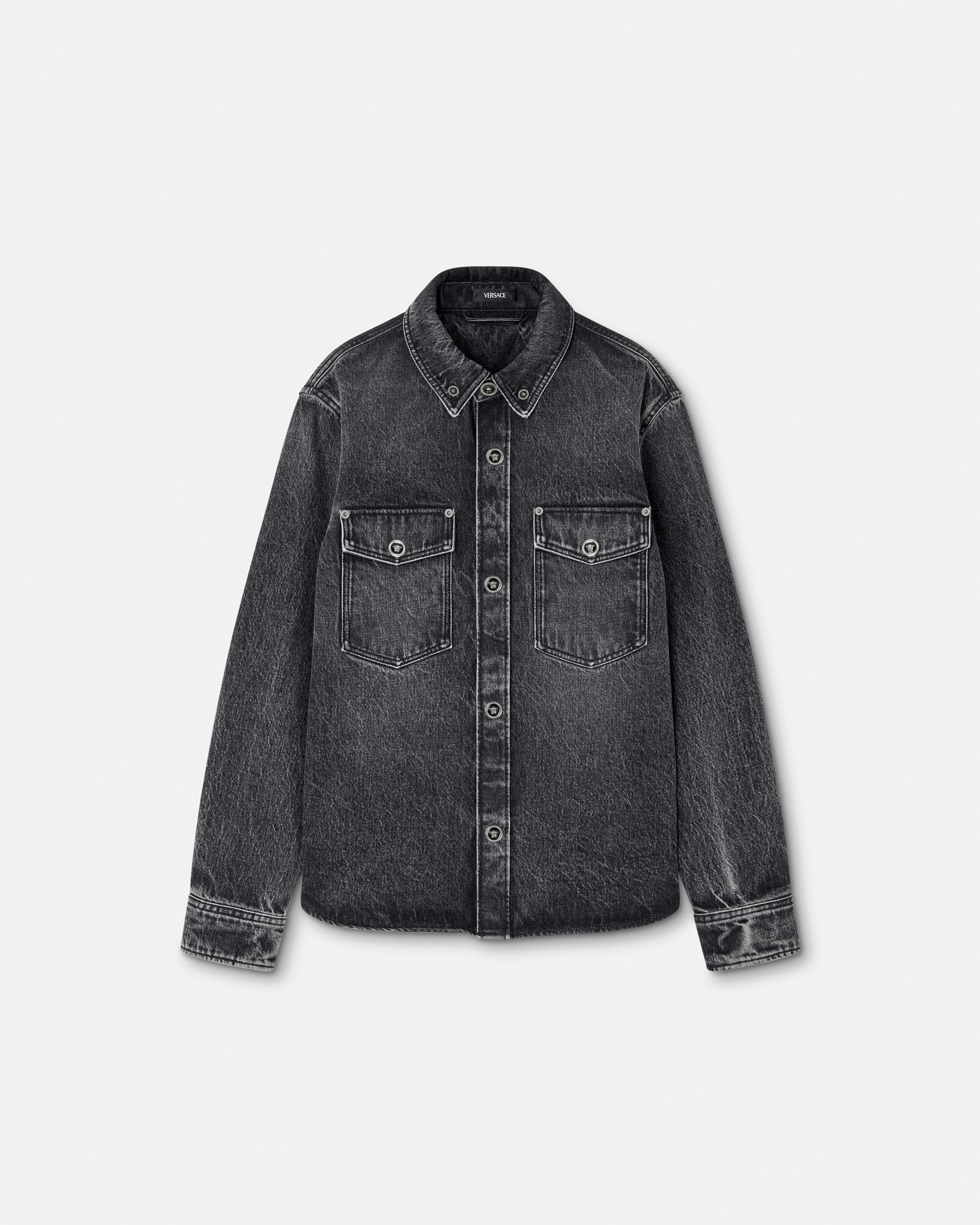 Printed-Foulard Denim Overshirt Black,Gold | VERSACE CA
