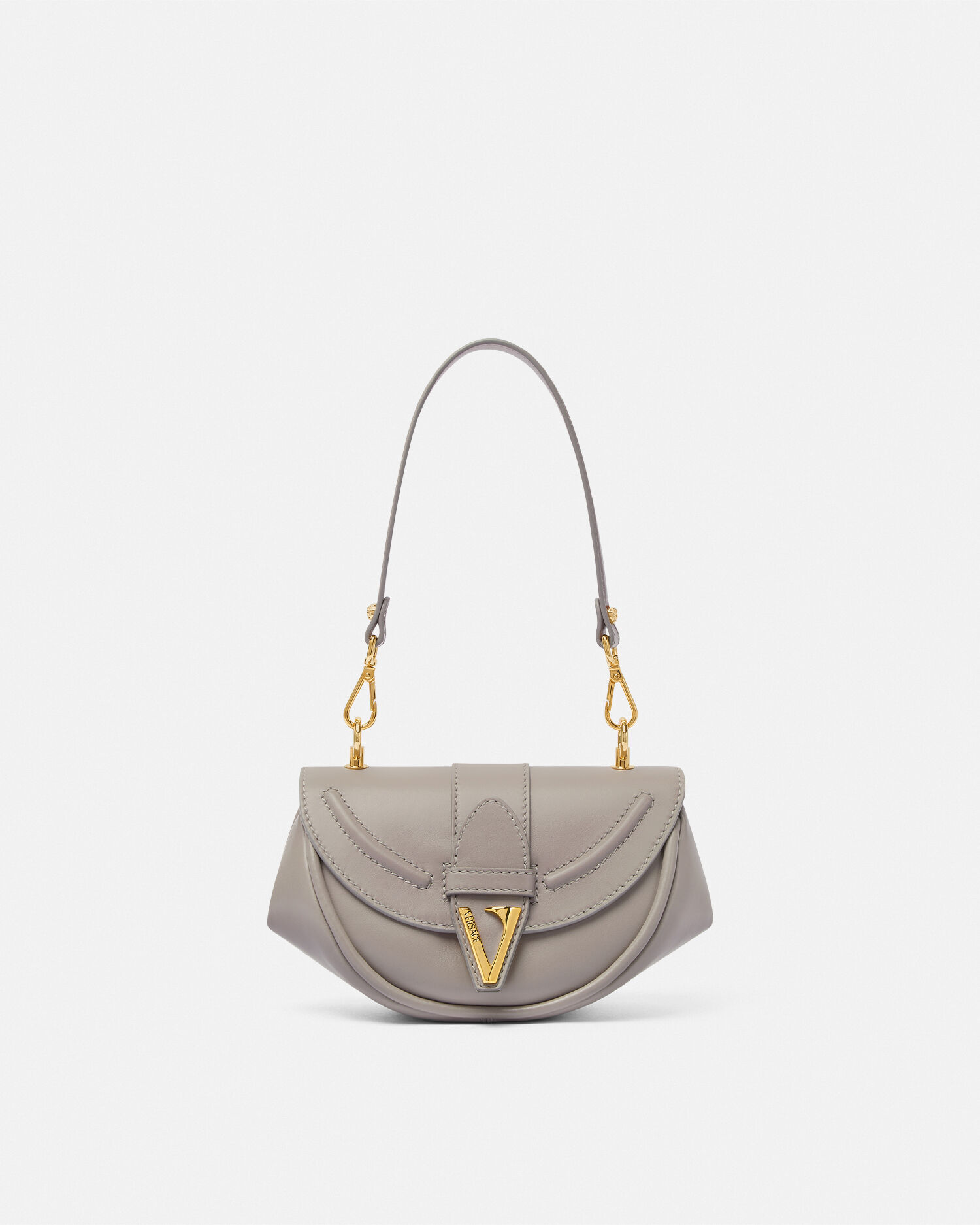 Virtus Small Leather Shoulder Bag Gray | VERSACE US
