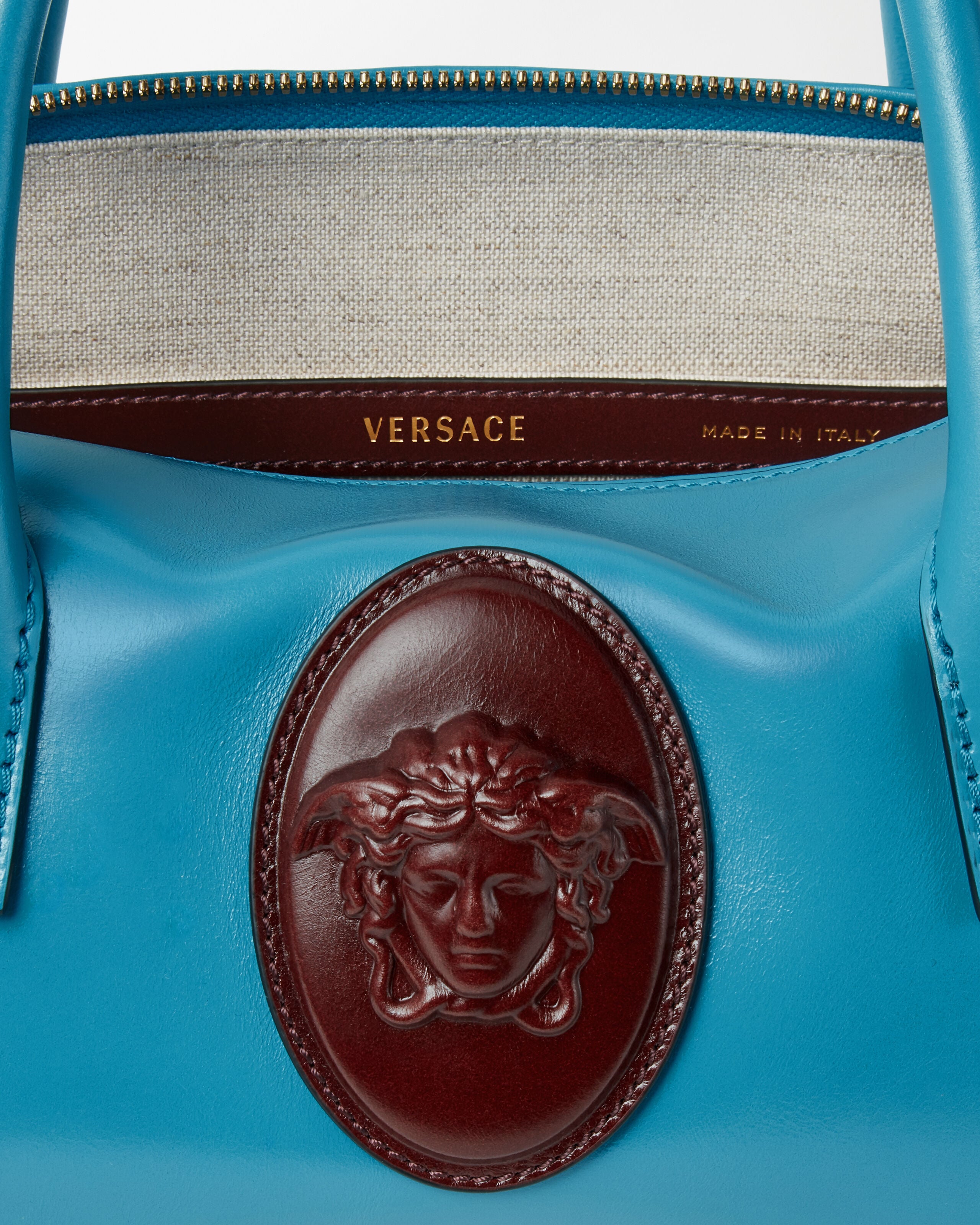 Roomy Small Leather Boston Bag Blue | VERSACE US