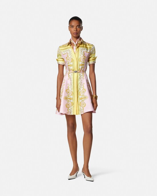 Printed Silk Twill Mini Shirt Dress  Yellow+Pink 2
