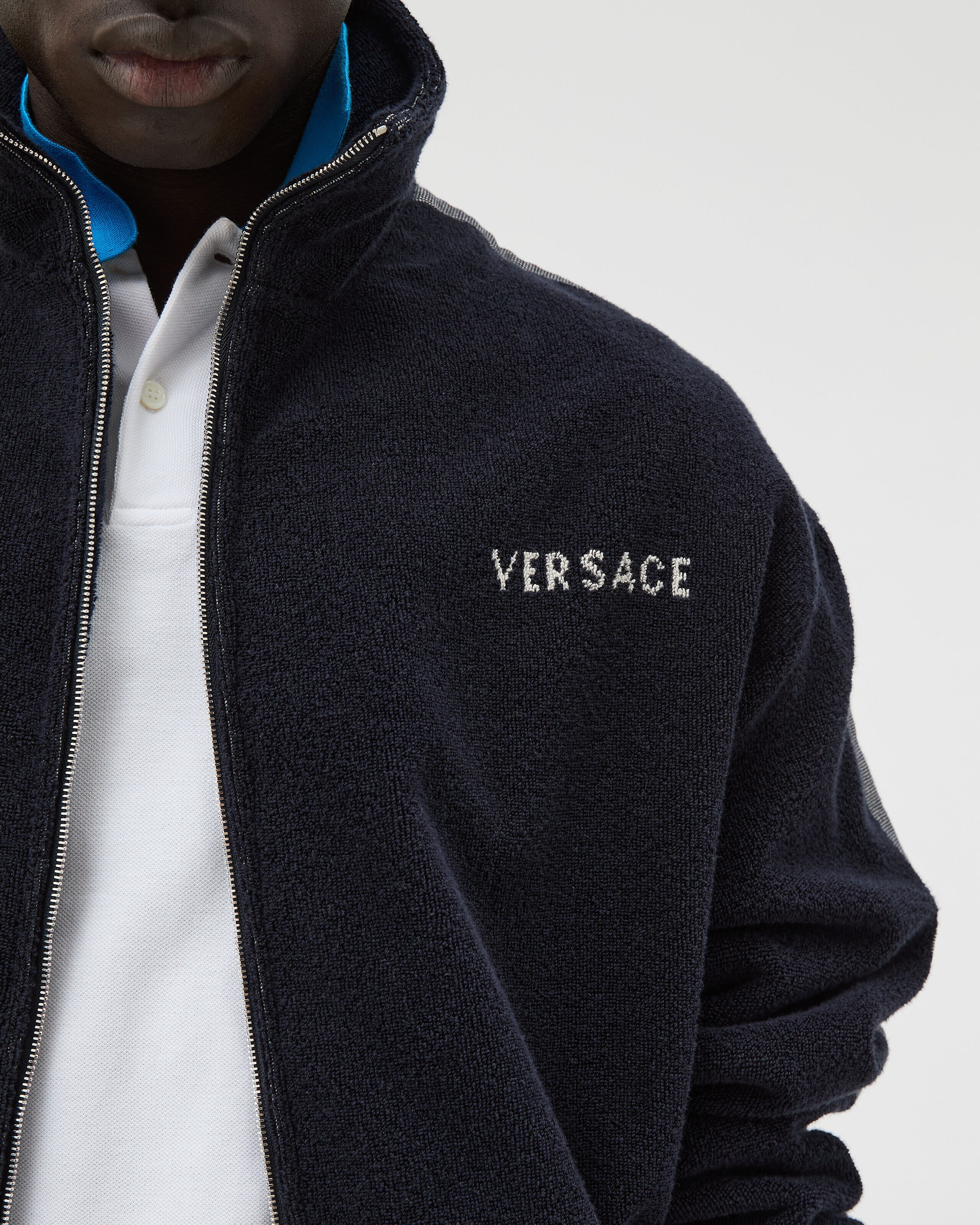 Cotton-Terry Jacquard Zip Sweatshirt Blue | VERSACE US