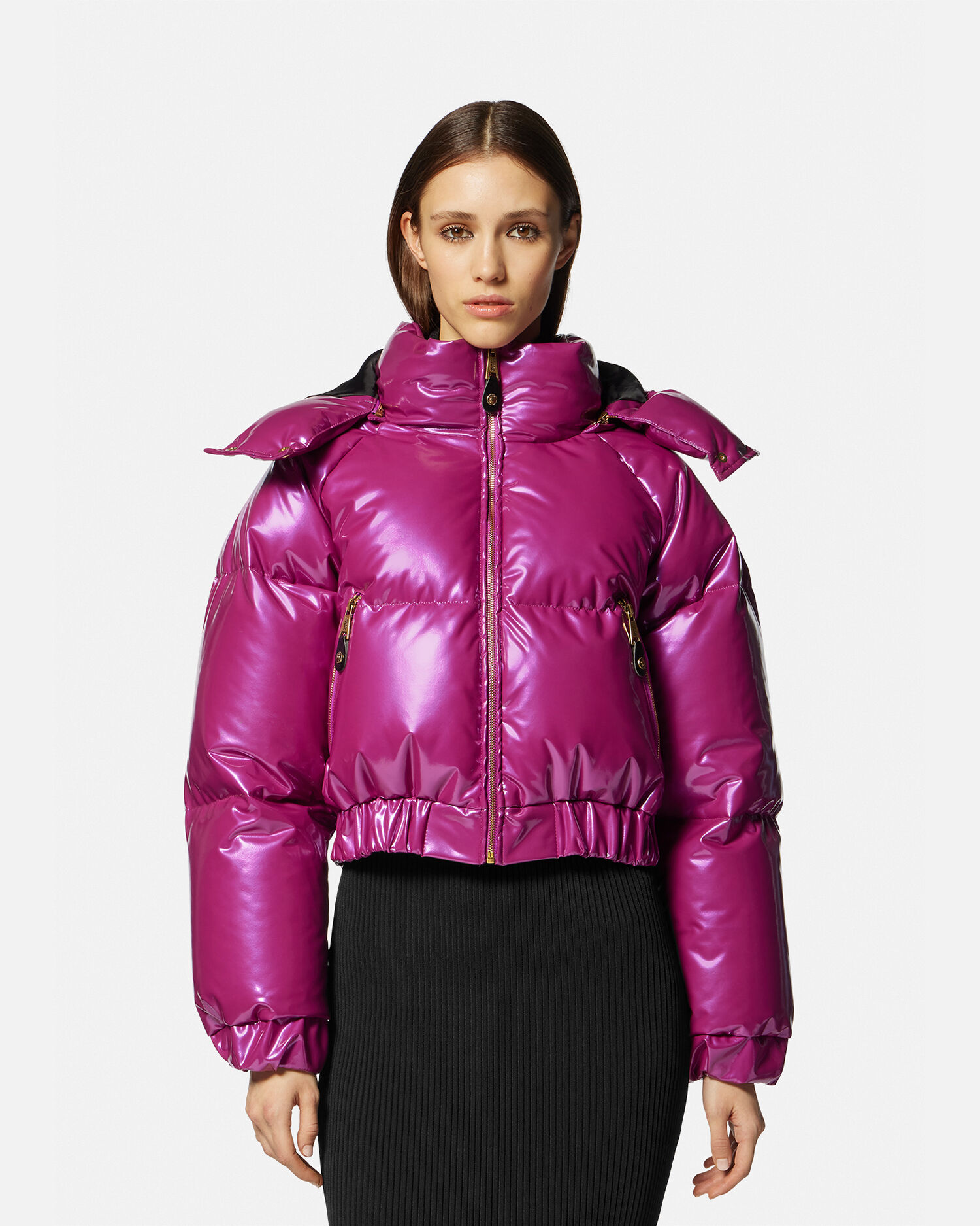 Pink cropped vinyl new arrivals puffer jacket