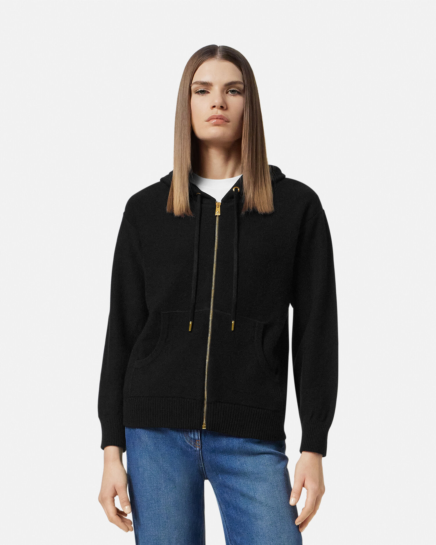 Cashmere-Wool Knit Zip Hoodie Black | VERSACE US