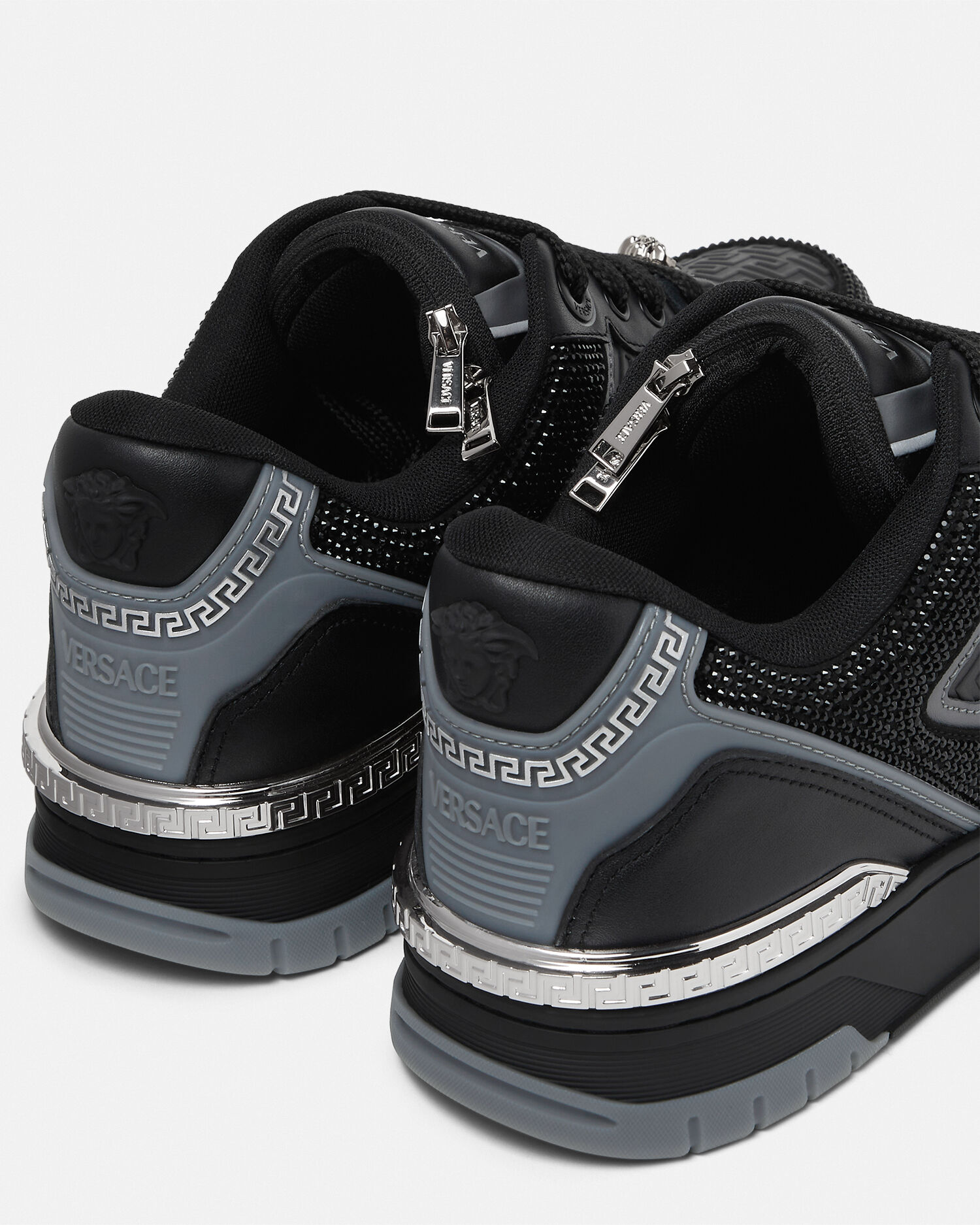 Biggie Basket Embellished Leather Sneakers Black,Silver | VERSACE US